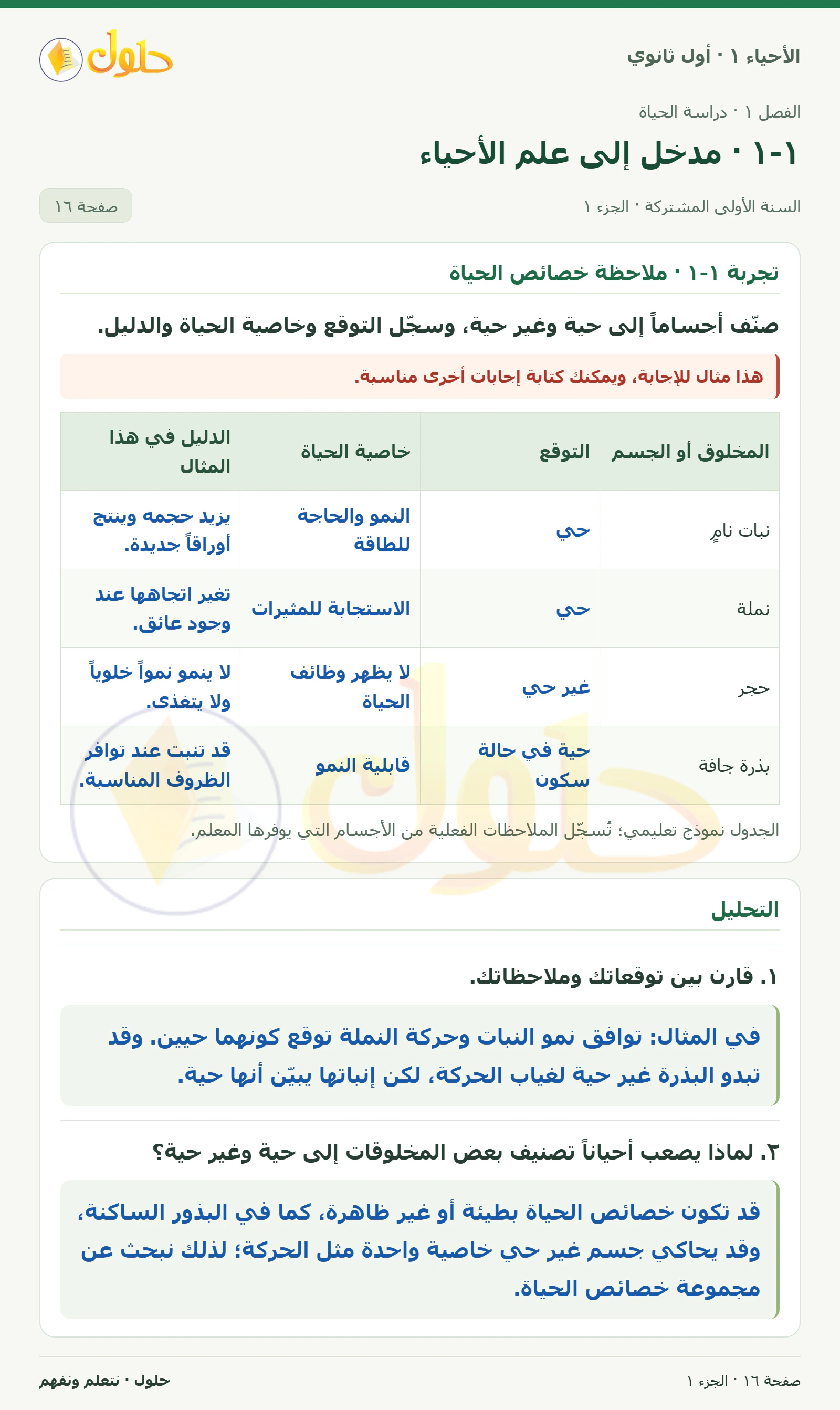 ١-١ · مدخل إلى علم الأحياء في كتاب الأحياء ١ للصف الأول الثانوي صفحة ١٦