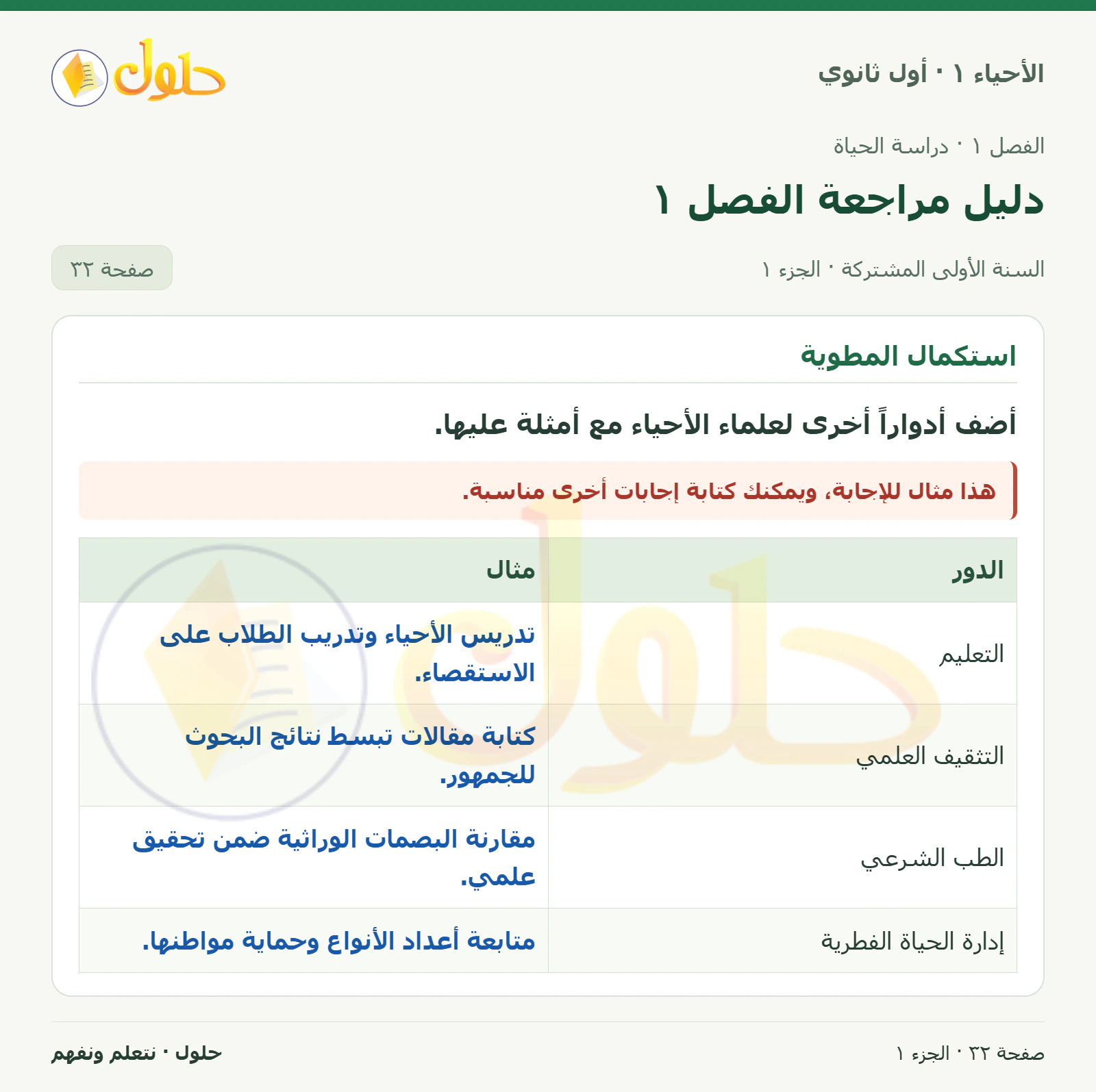 دليل مراجعة الفصل ١ في كتاب الأحياء ١ للصف الأول الثانوي صفحة ٣٢