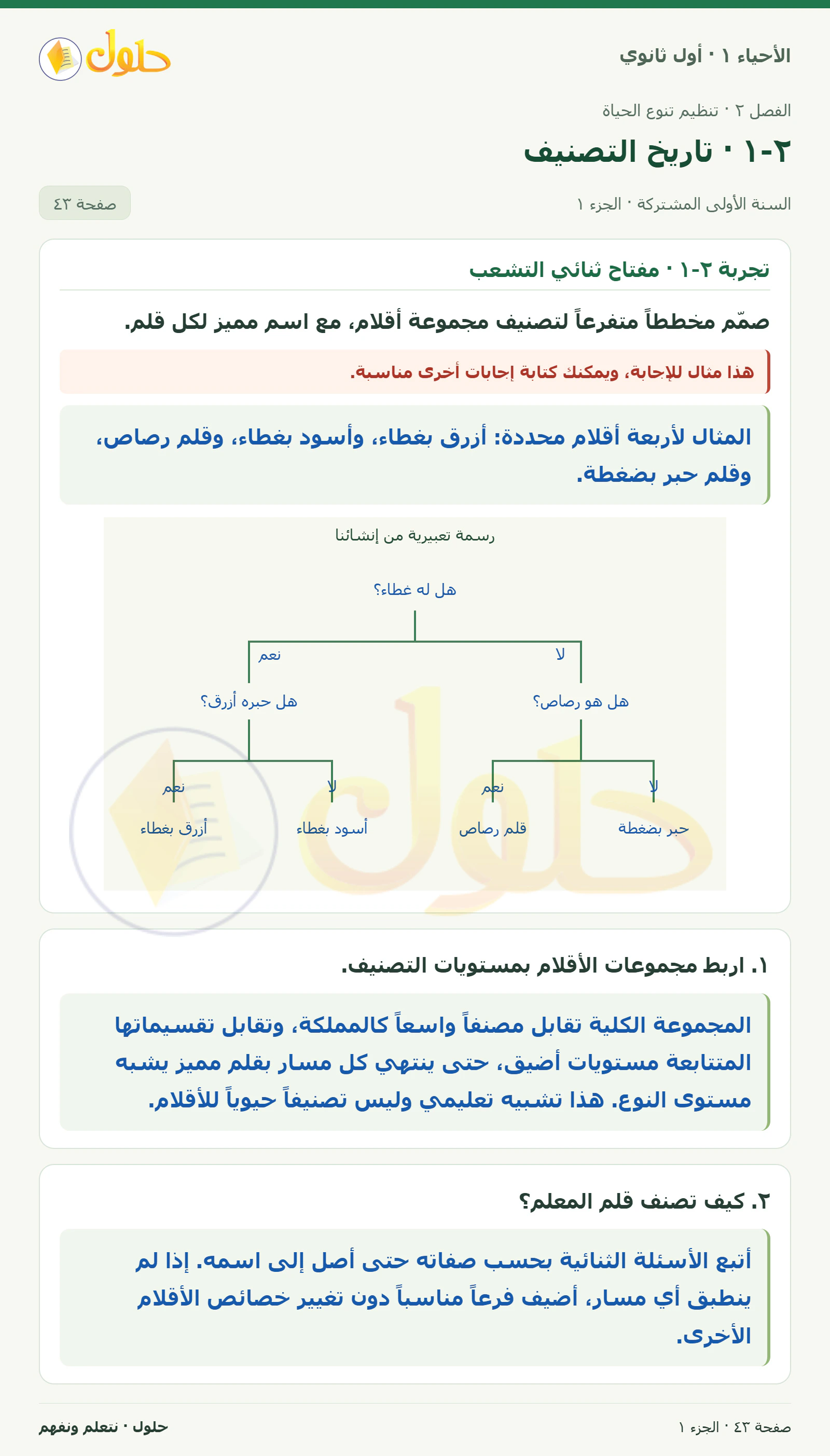 ٢-١ · تاريخ التصنيف في كتاب الأحياء ١ للصف الأول الثانوي صفحة ٤٣، الجزء ١ من ٢