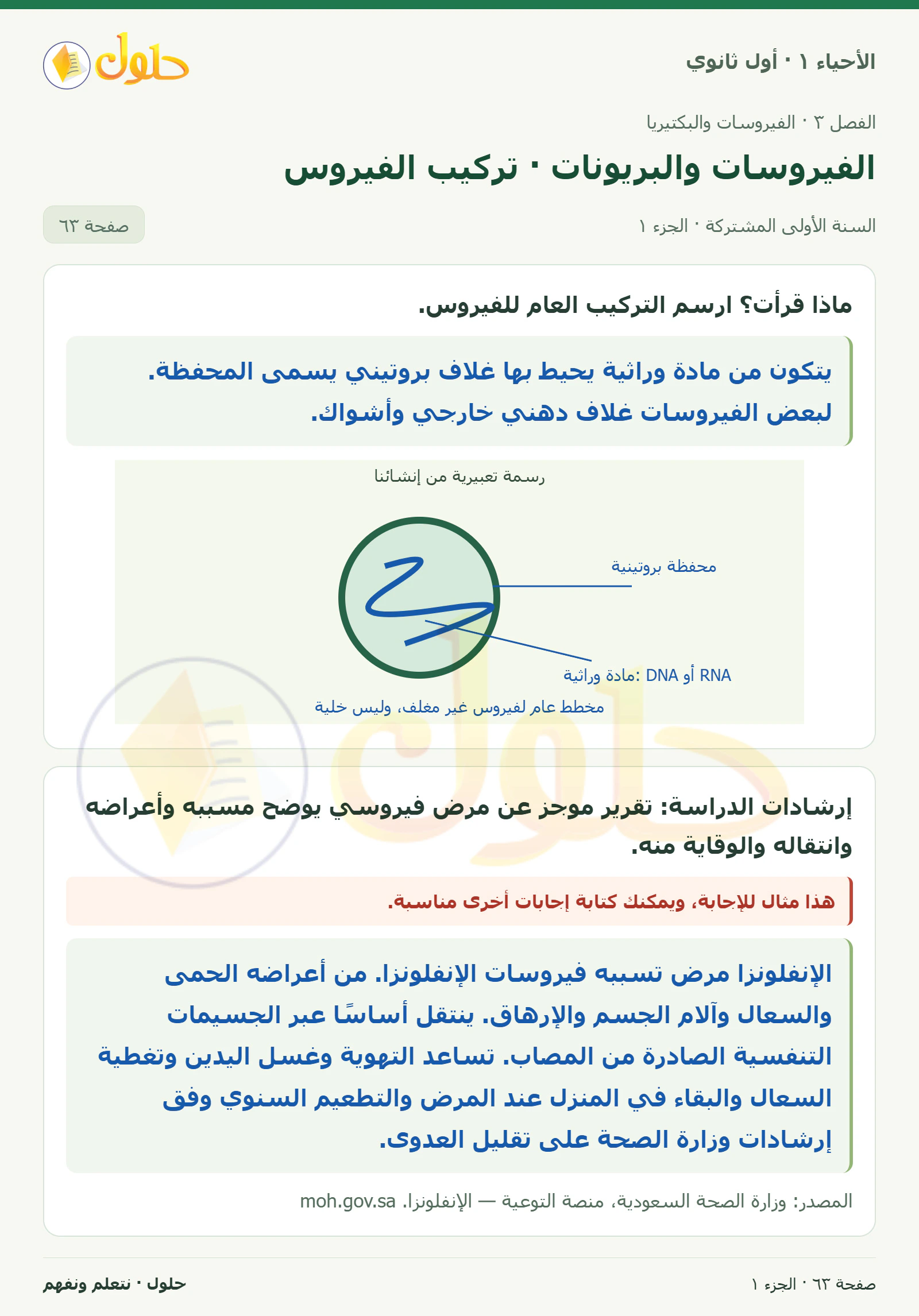 الفيروسات والبريونات · تركيب الفيروس في كتاب الأحياء ١ للصف الأول الثانوي صفحة ٦٣