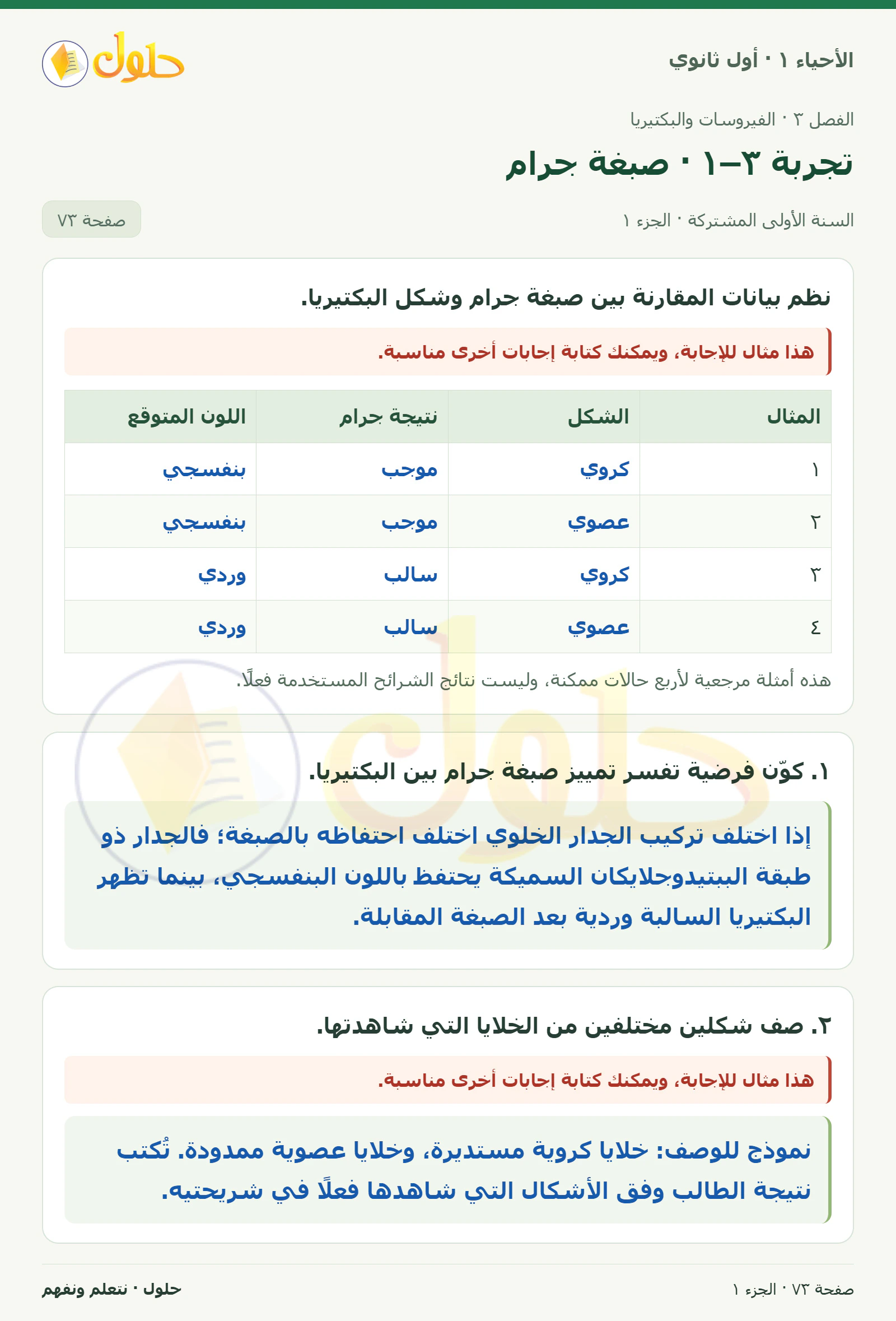 تجربة ٣–١ · صبغة جرام في كتاب الأحياء ١ للصف الأول الثانوي صفحة ٧٣