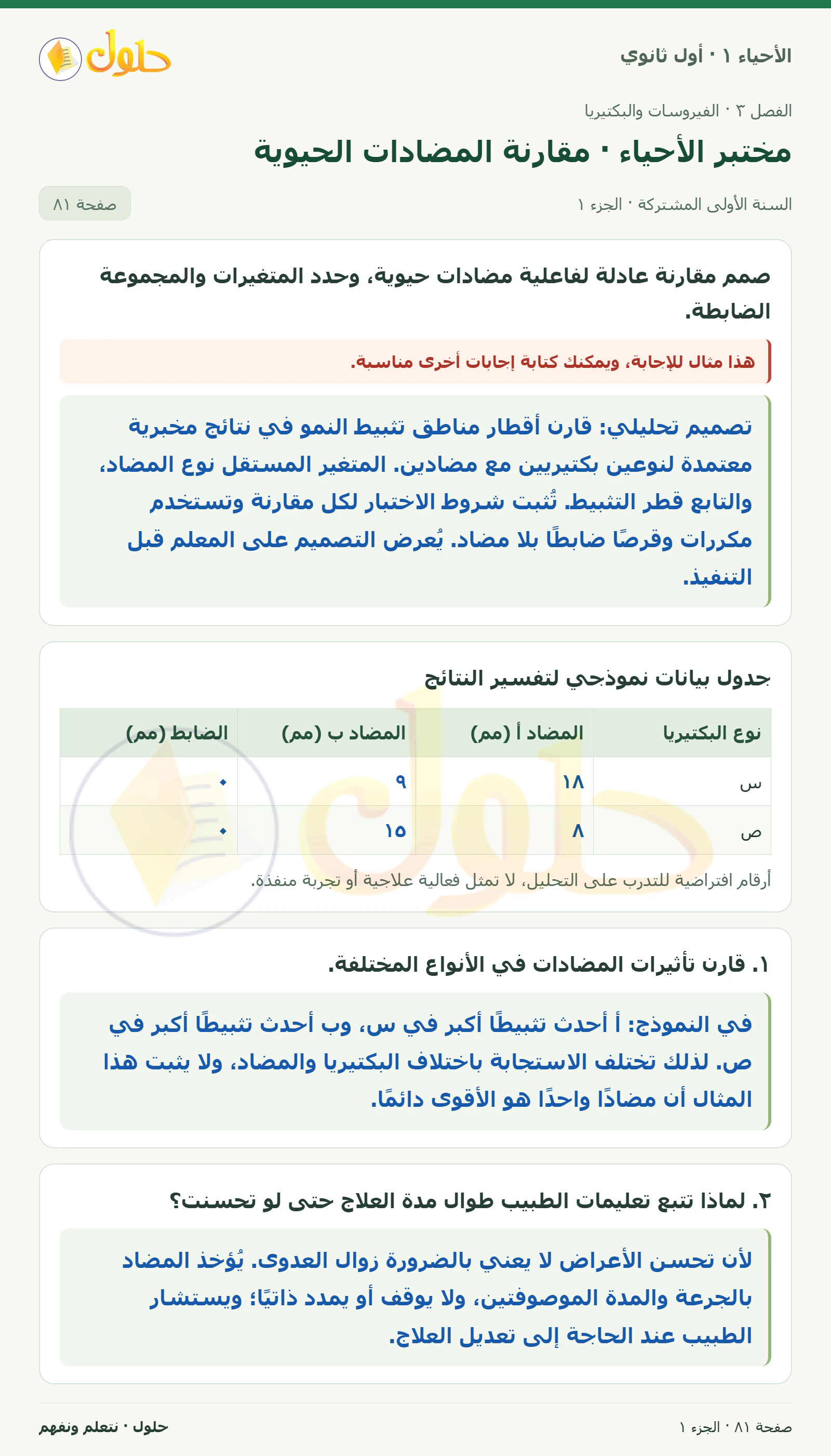 مختبر الأحياء · مقارنة المضادات الحيوية في كتاب الأحياء ١ للصف الأول الثانوي صفحة ٨١، الجزء ١ من ٢