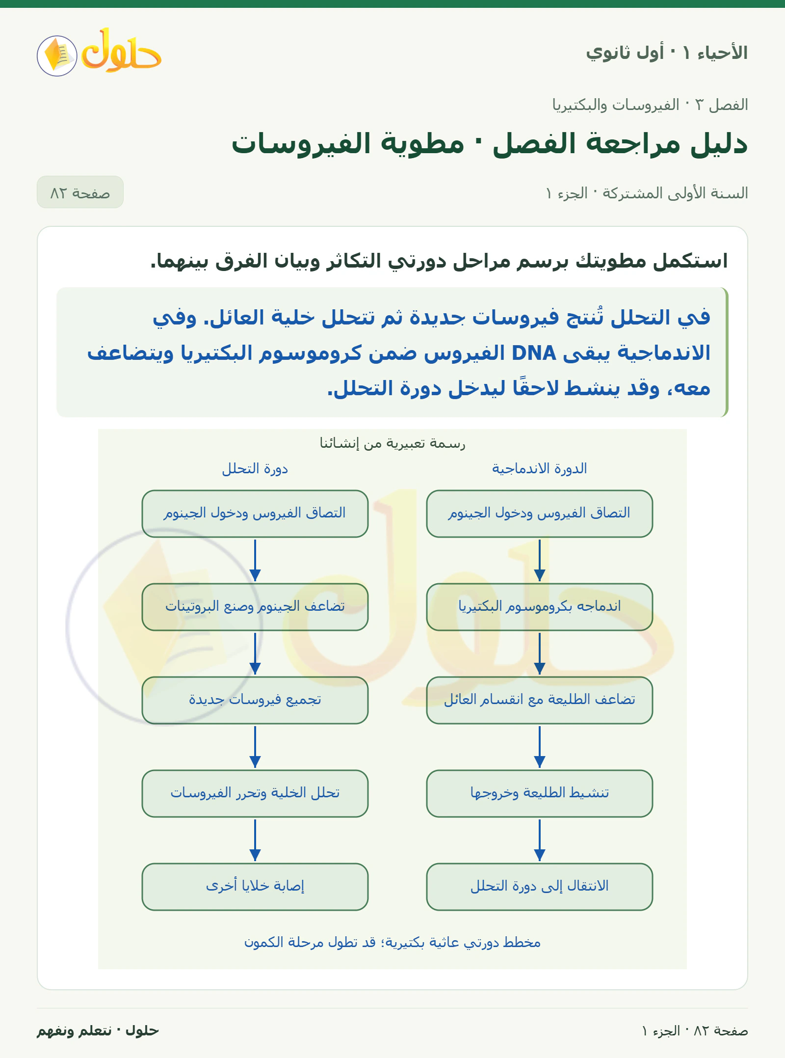 دليل مراجعة الفصل · مطوية الفيروسات في كتاب الأحياء ١ للصف الأول الثانوي صفحة ٨٢