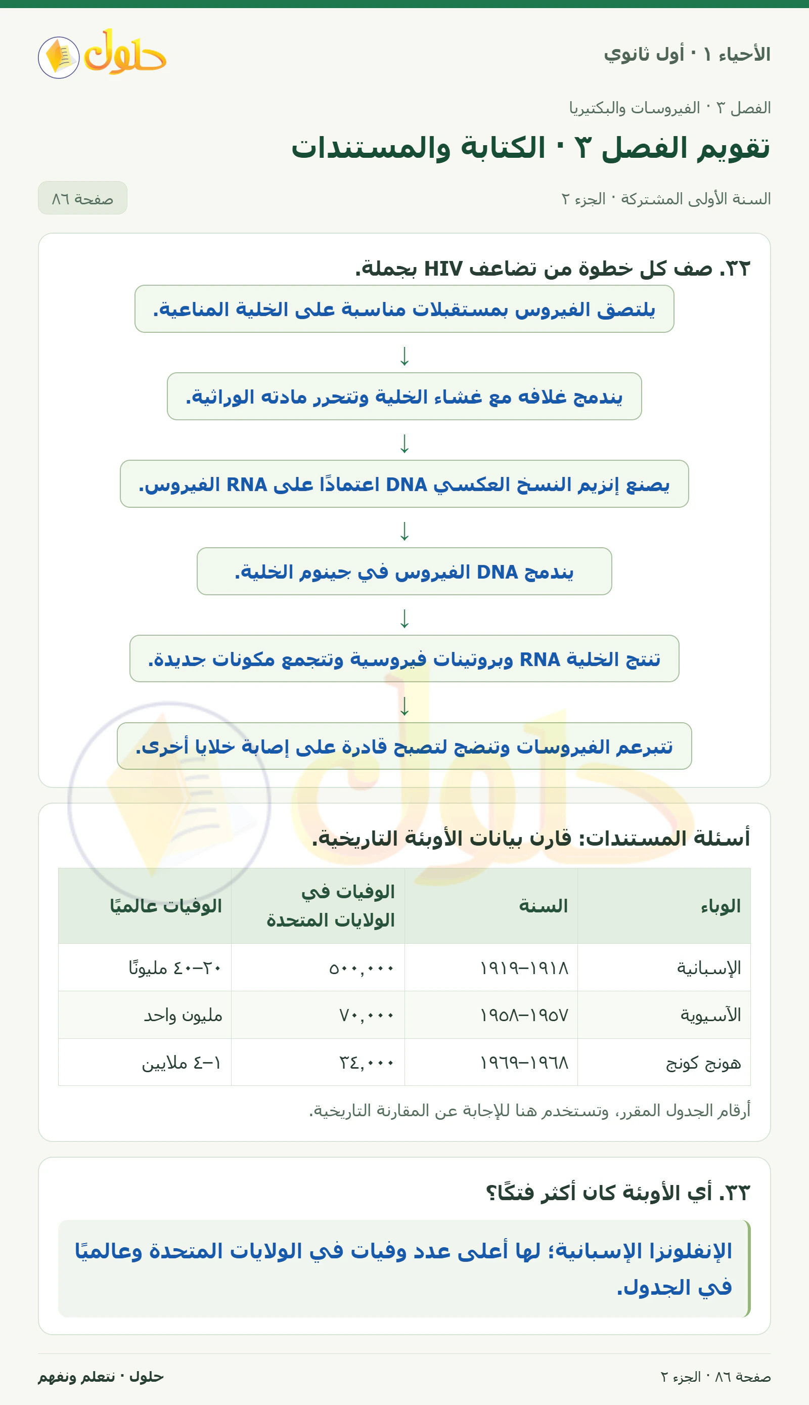 تقويم الفصل ٣ · الكتابة والمستندات في كتاب الأحياء ١ للصف الأول الثانوي صفحة ٨٦، الجزء ٢ من ٣