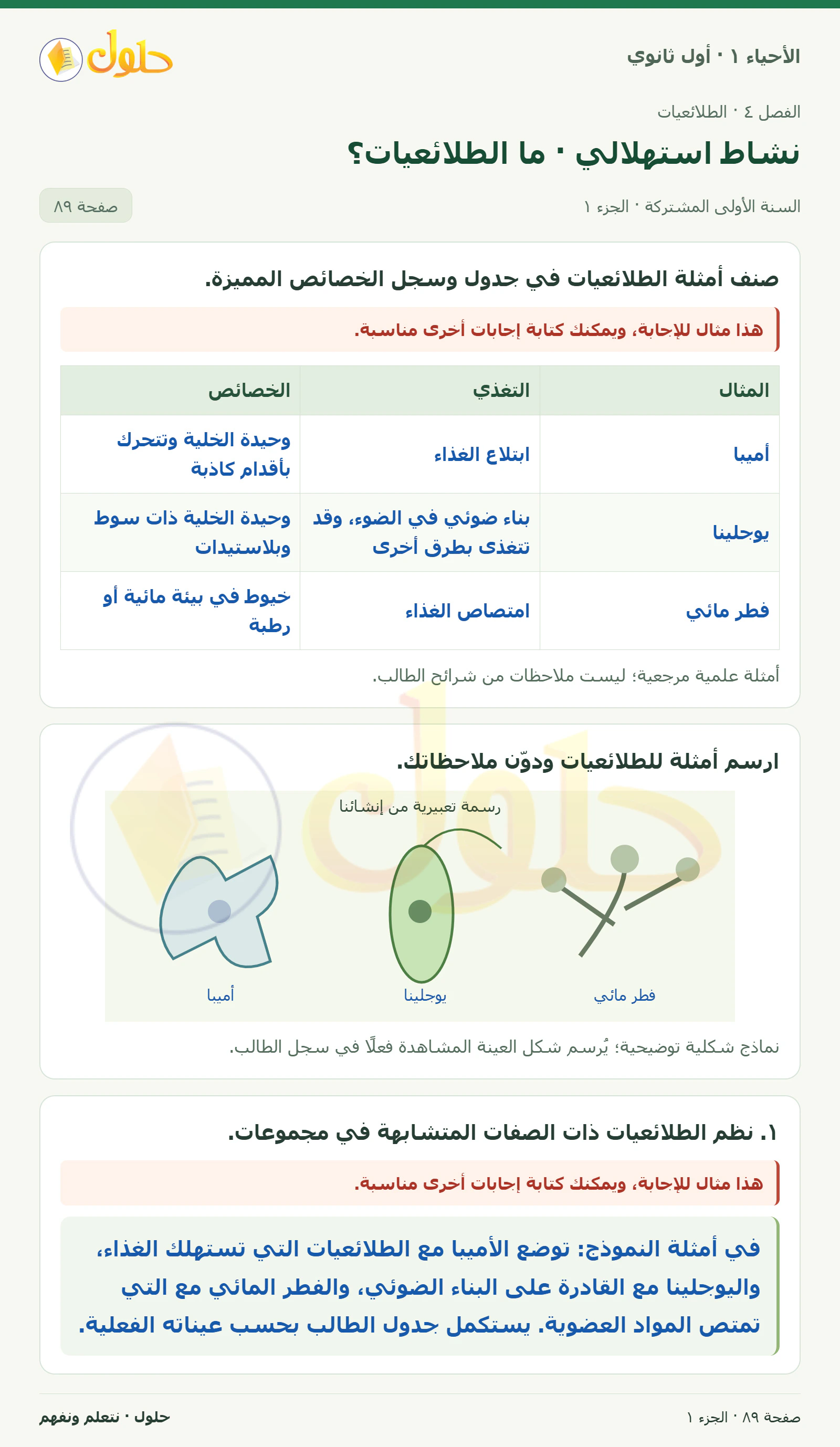 نشاط استهلالي · ما الطلائعيات؟ في كتاب الأحياء ١ للصف الأول الثانوي صفحة ٨٩، الجزء ١ من ٢