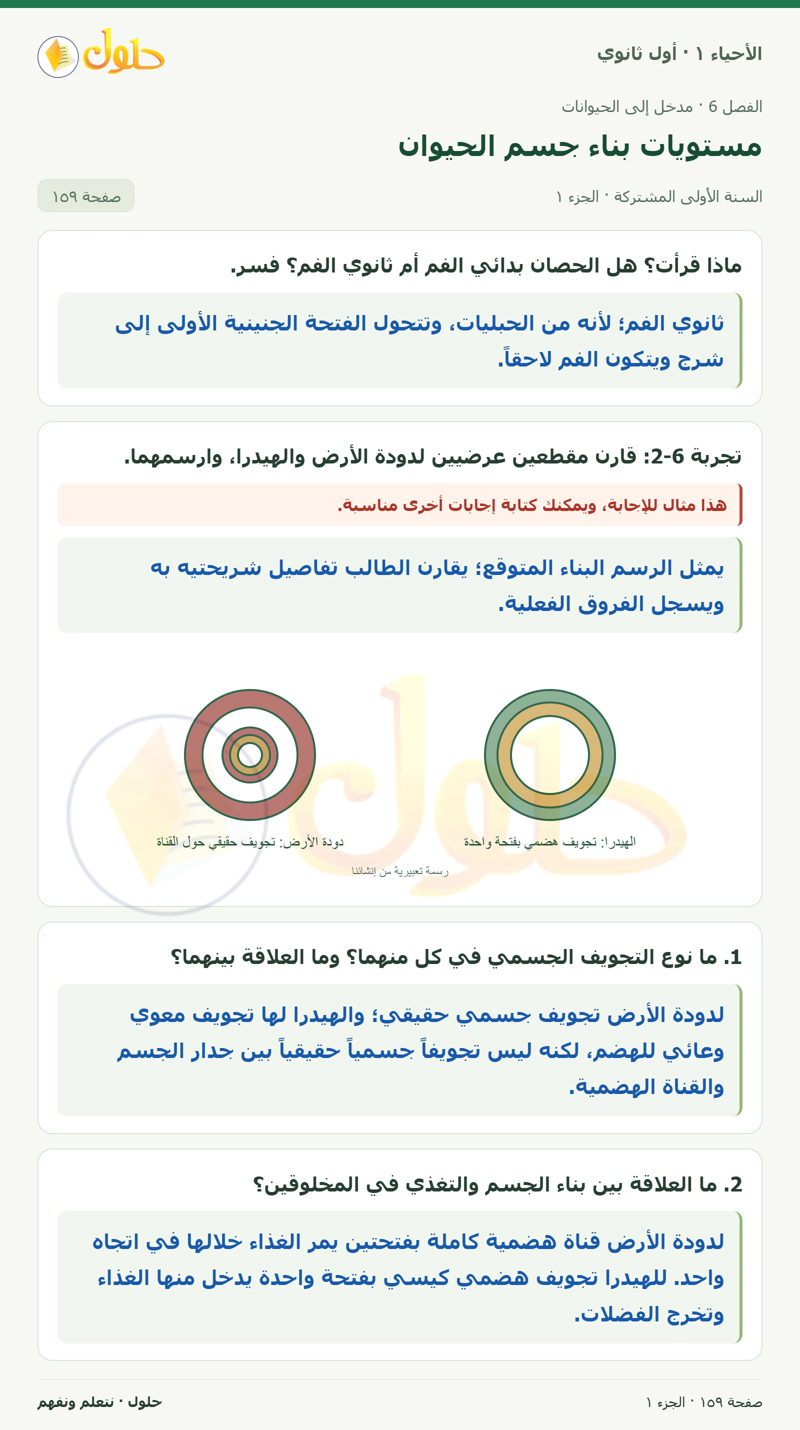 مستويات بناء جسم الحيوان في كتاب الأحياء ١ للصف الأول الثانوي صفحة ١٥٩