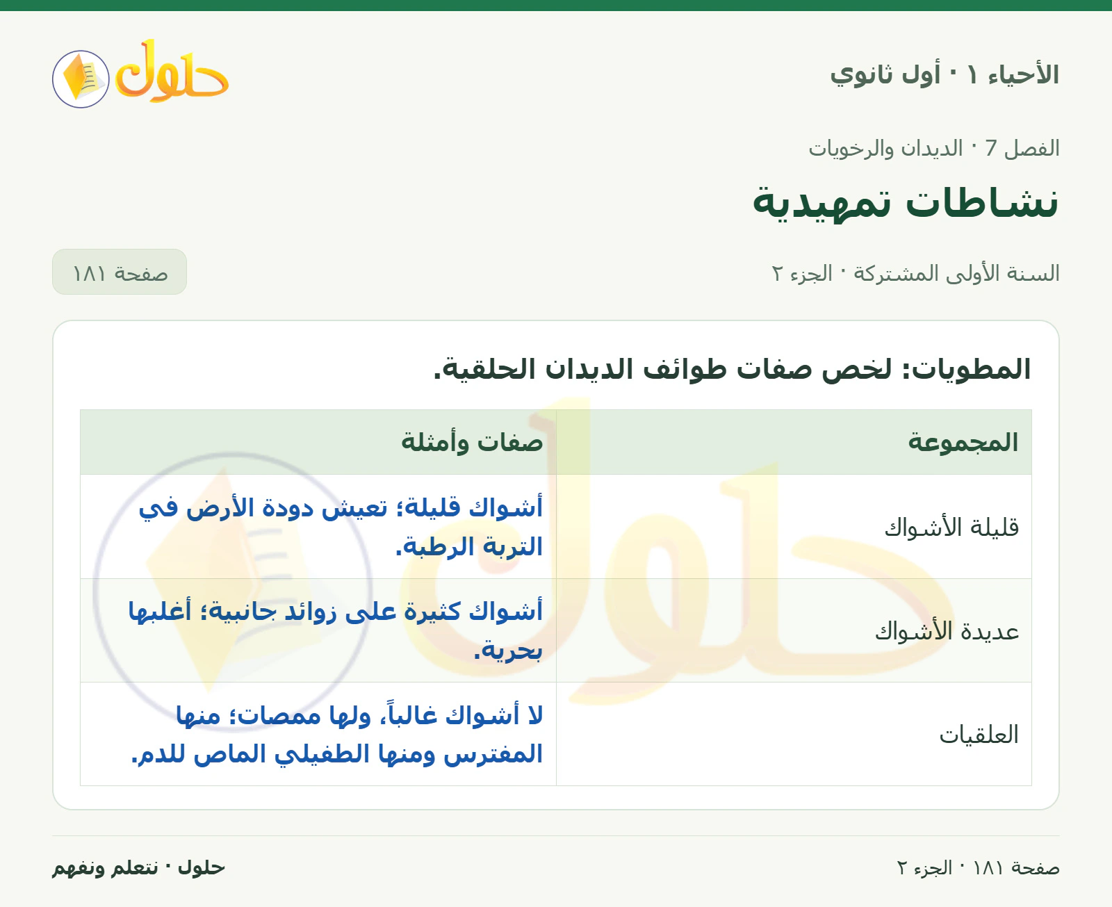 نشاطات تمهيدية في كتاب الأحياء ١ للصف الأول الثانوي صفحة ١٨١، الجزء ٢ من ٢
