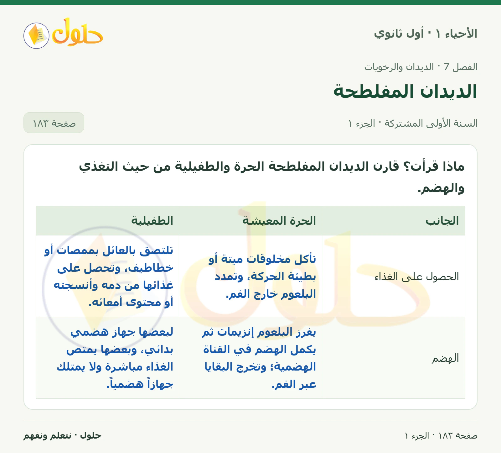 الديدان المفلطحة في كتاب الأحياء ١ للصف الأول الثانوي صفحة ١٨٣