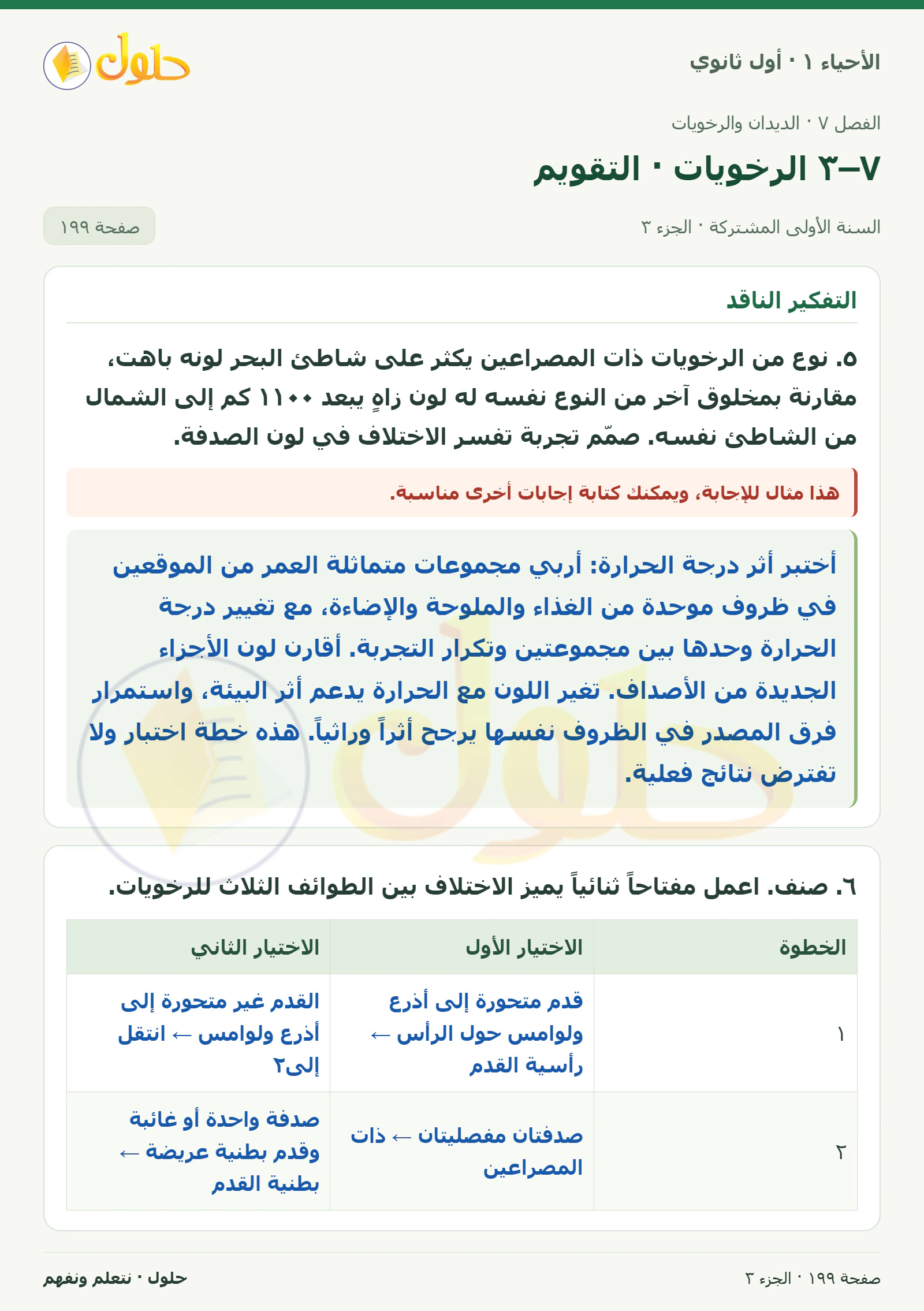 ٧–٣ الرخويات · التقويم في كتاب الأحياء ١ للصف الأول الثانوي صفحة ١٩٩، الجزء ٣ من ٣