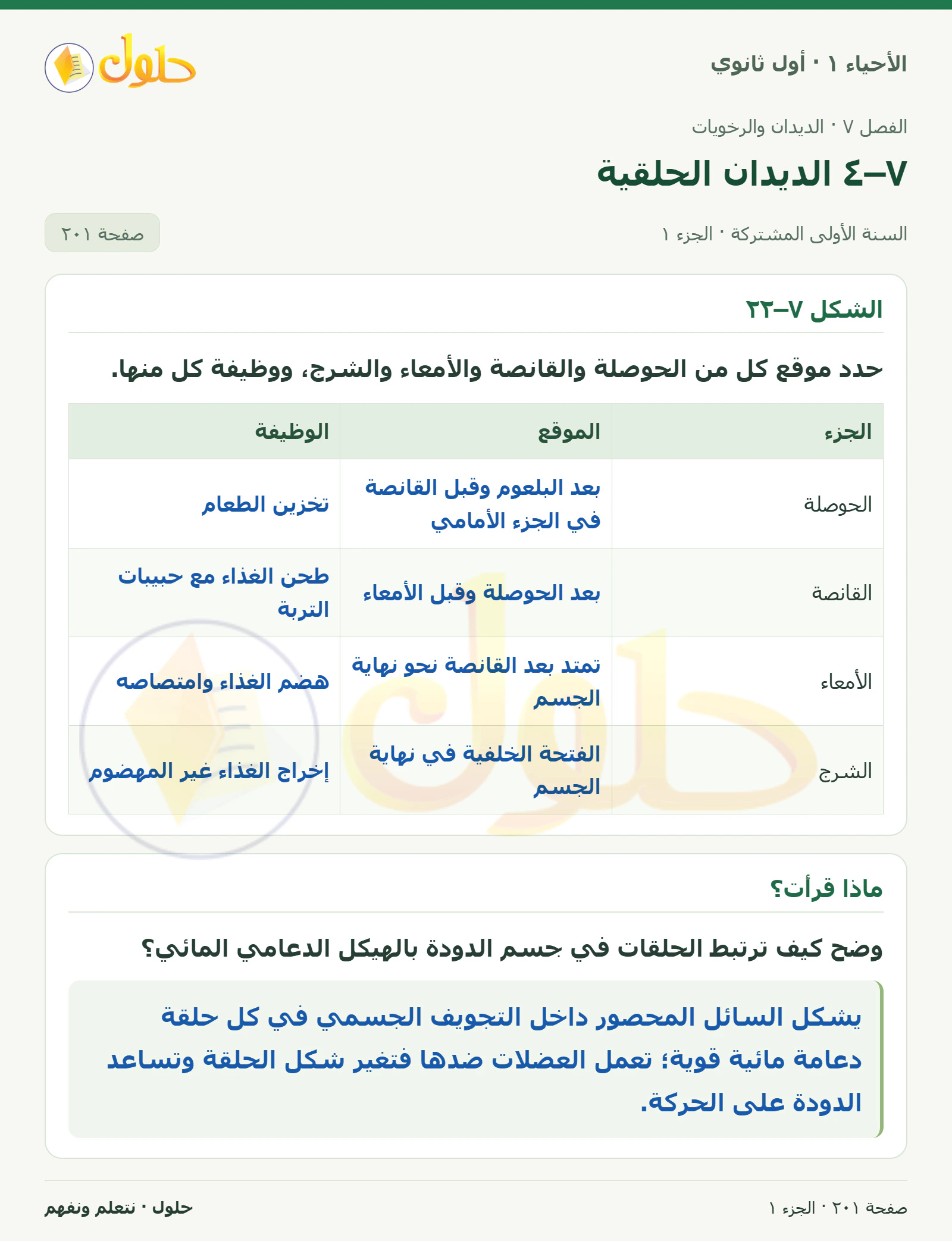 ٧–٤ الديدان الحلقية في كتاب الأحياء ١ للصف الأول الثانوي صفحة ٢٠١
