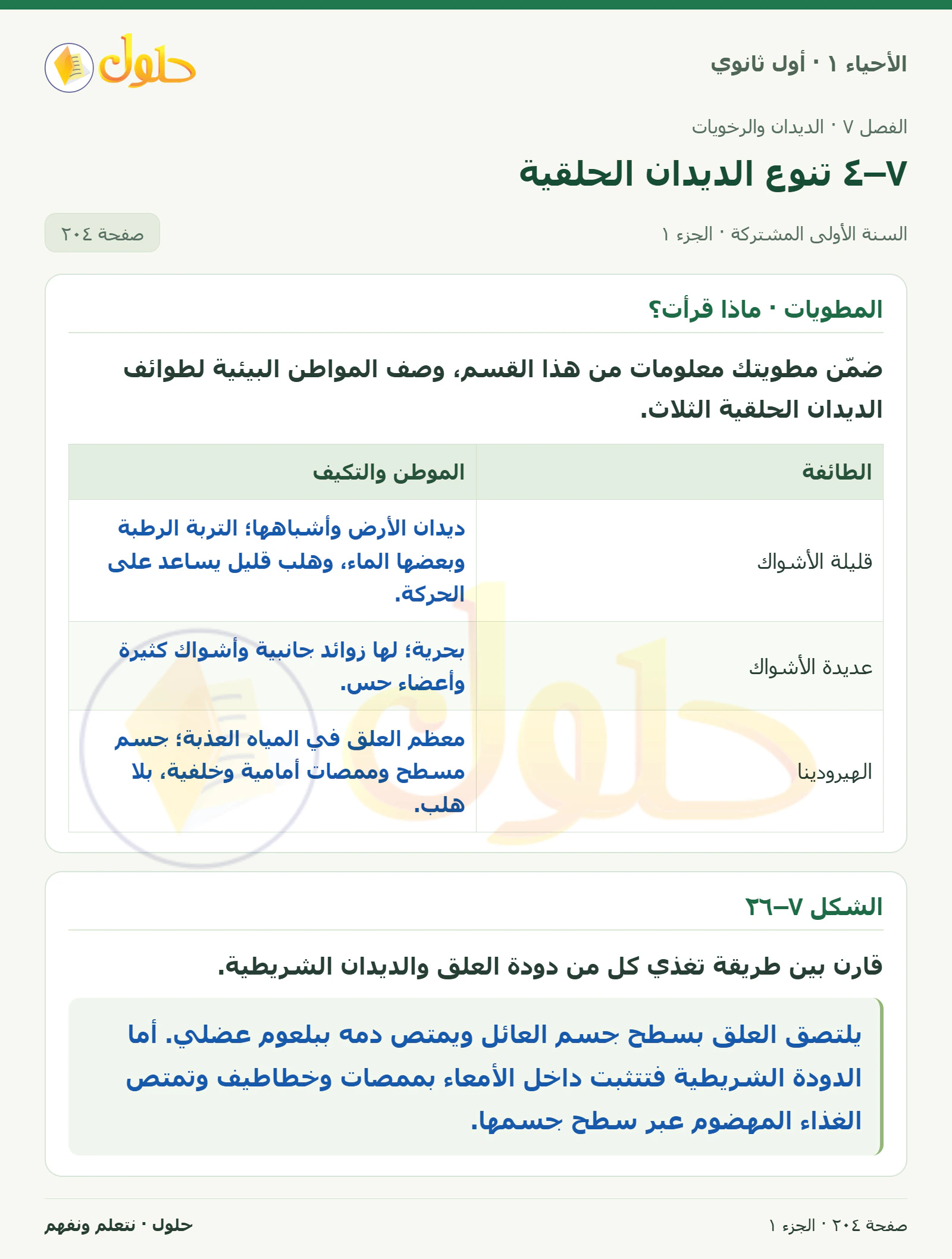 ٧–٤ تنوع الديدان الحلقية في كتاب الأحياء ١ للصف الأول الثانوي صفحة ٢٠٤