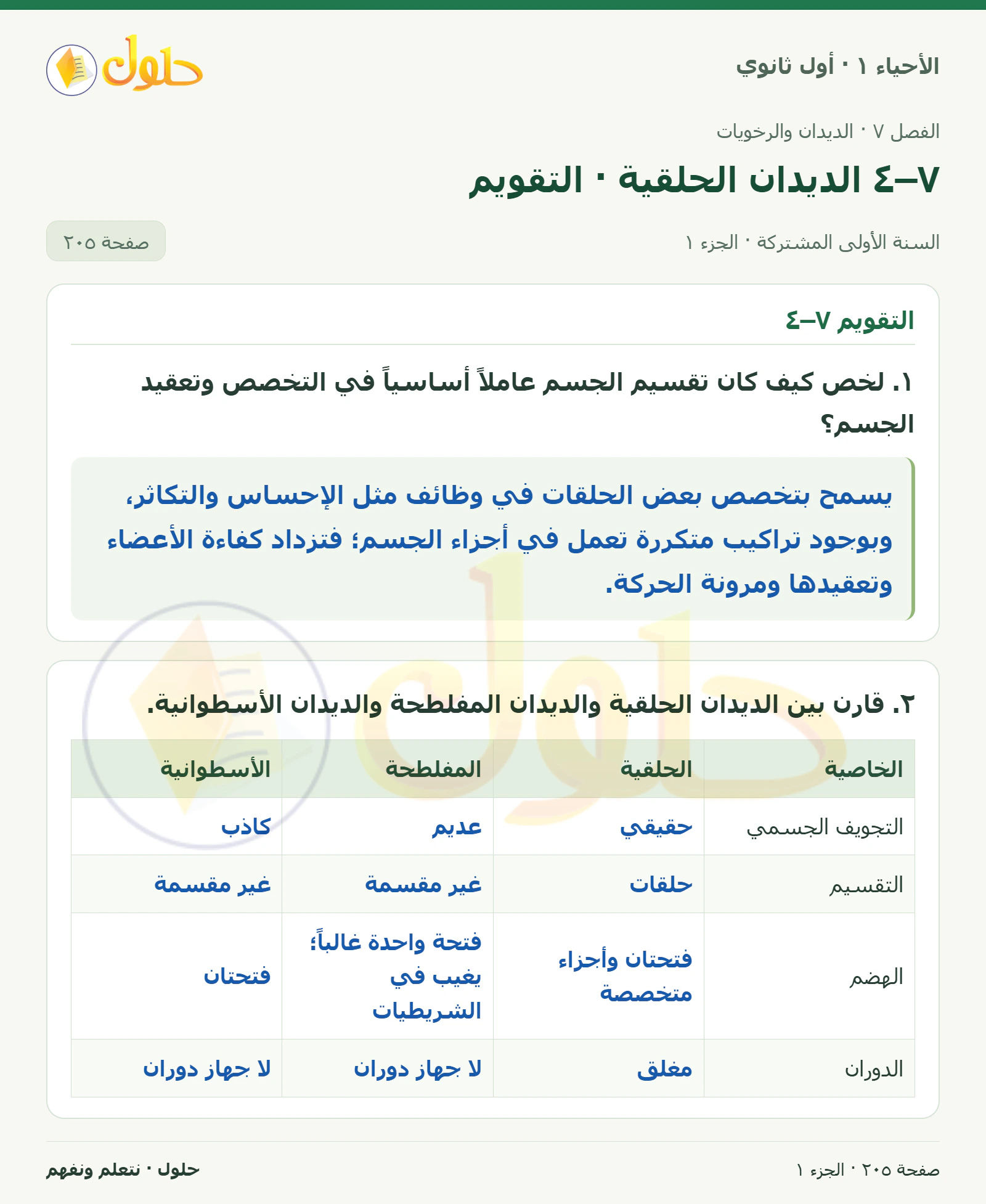 ٧–٤ الديدان الحلقية · التقويم في كتاب الأحياء ١ للصف الأول الثانوي صفحة ٢٠٥، الجزء ١ من ٣