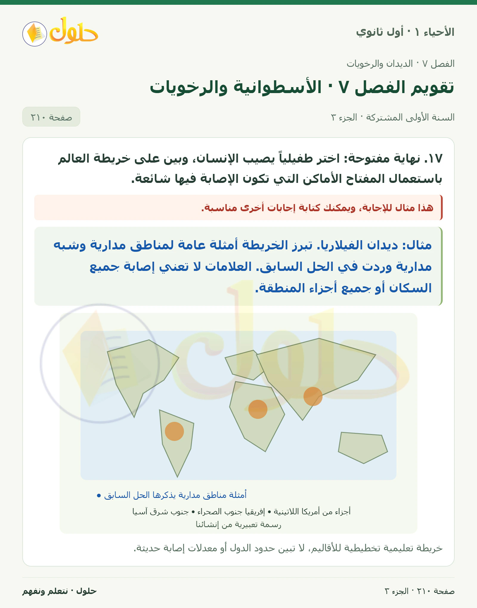 تقويم الفصل ٧ · الأسطوانية والرخويات في كتاب الأحياء ١ للصف الأول الثانوي صفحة ٢١٠، الجزء ٣ من ٥
