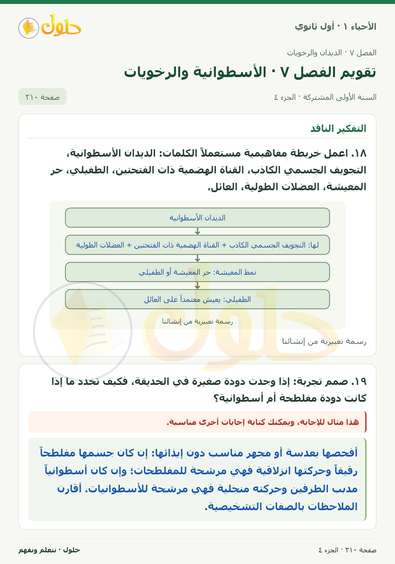 تقويم الفصل ٧ · الأسطوانية والرخويات في كتاب الأحياء ١ للصف الأول الثانوي صفحة ٢١٠، الجزء ٤ من ٥