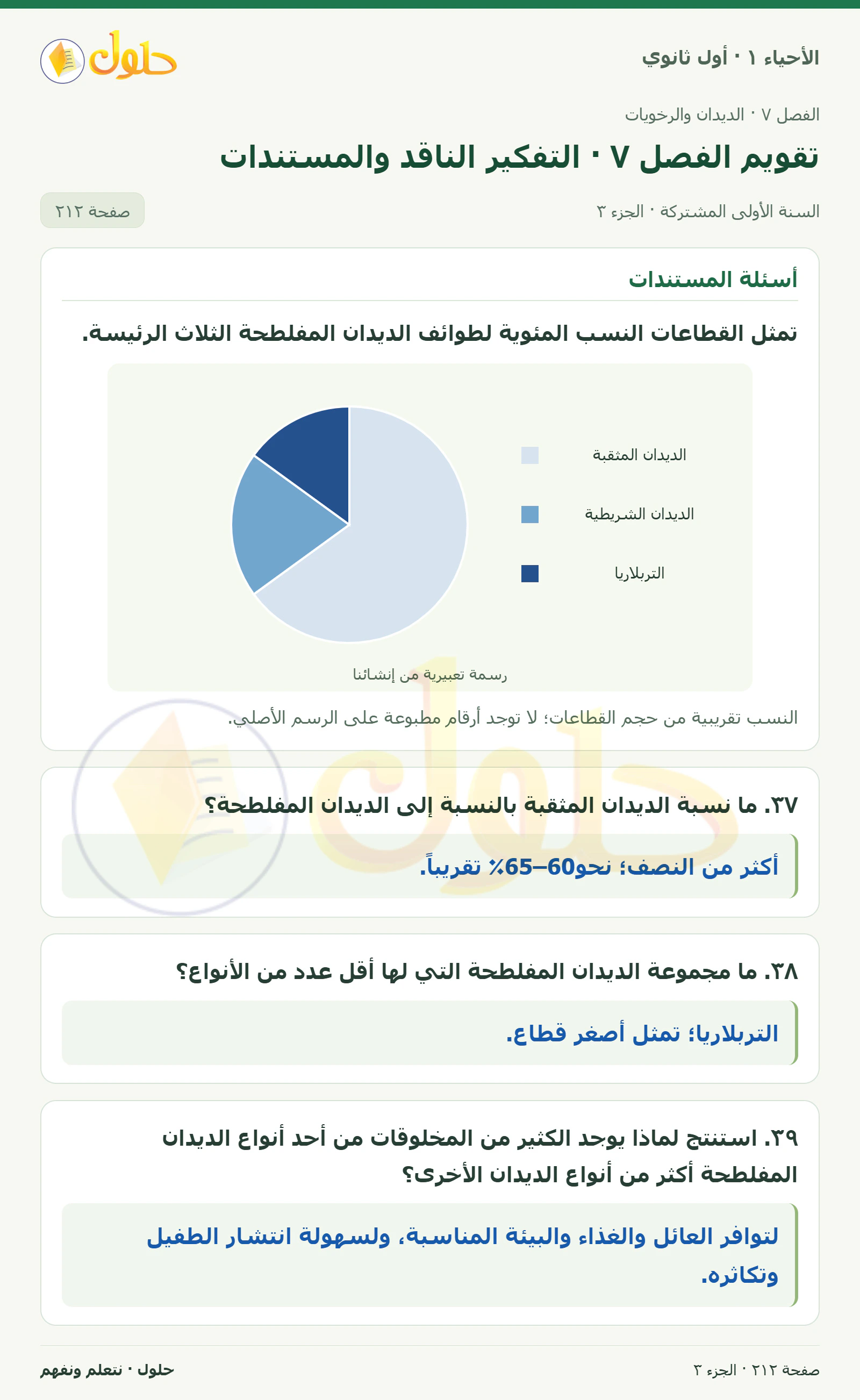 تقويم الفصل ٧ · التفكير الناقد والمستندات في كتاب الأحياء ١ للصف الأول الثانوي صفحة ٢١٢، الجزء ٣ من ٣