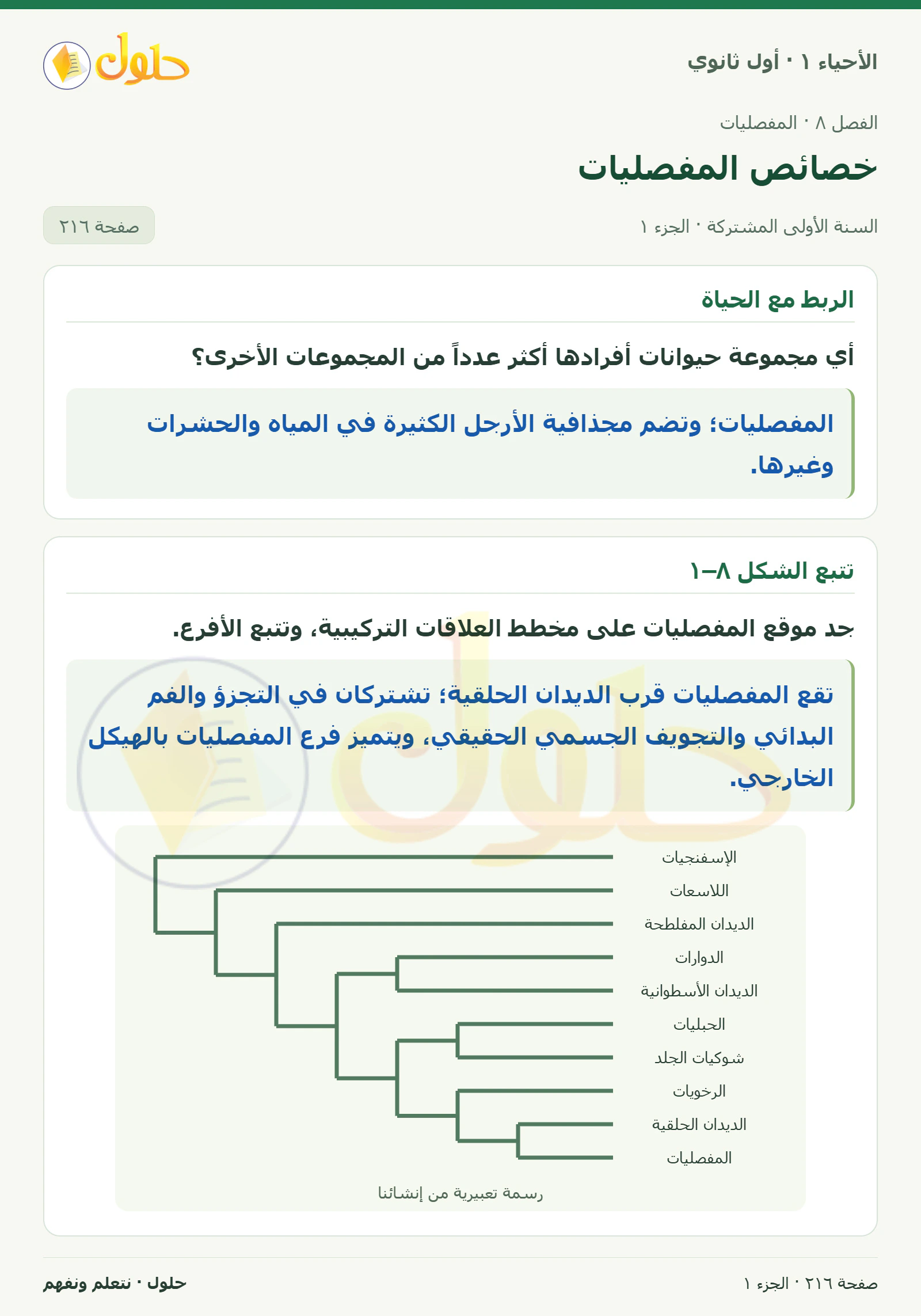 خصائص المفصليات في كتاب الأحياء ١ للصف الأول الثانوي صفحة ٢١٦، الجزء ١ من ٢