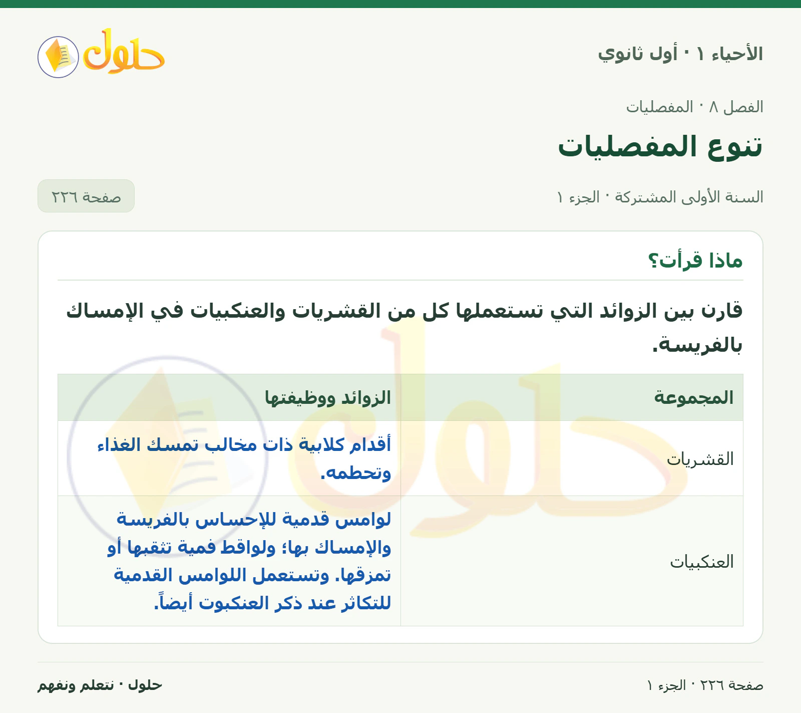 تنوع المفصليات في كتاب الأحياء ١ للصف الأول الثانوي صفحة ٢٢٦