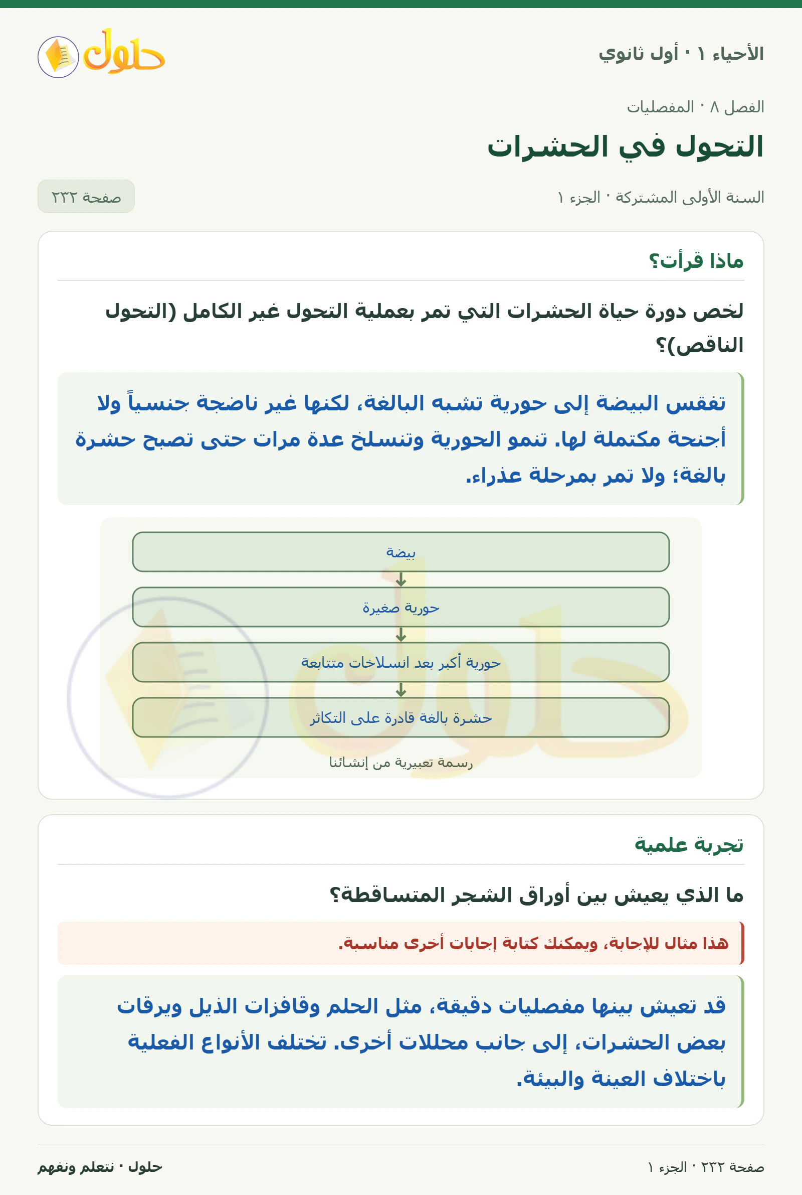 التحول في الحشرات في كتاب الأحياء ١ للصف الأول الثانوي صفحة ٢٣٢