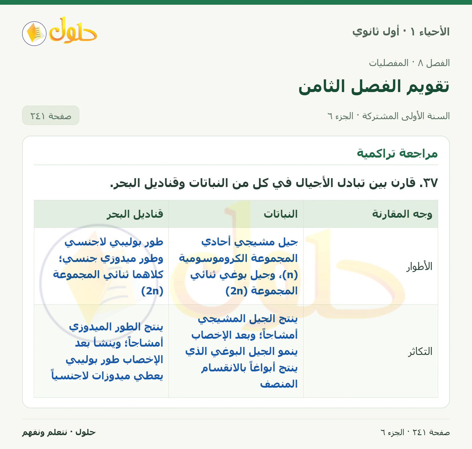 تقويم الفصل الثامن في كتاب الأحياء ١ للصف الأول الثانوي صفحة ٢٤١، الجزء ٦ من ٦