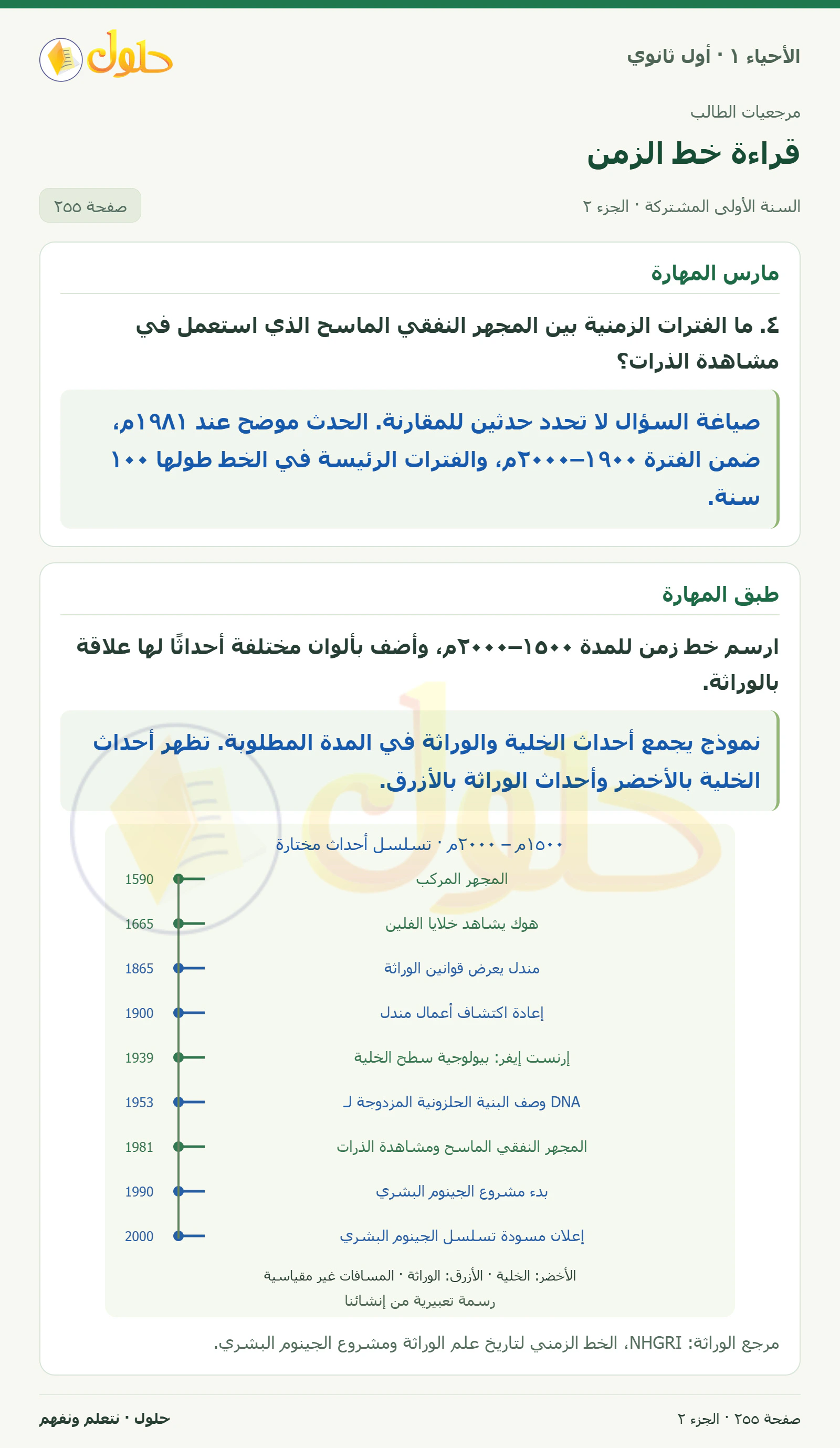 قراءة خط الزمن في كتاب الأحياء ١ للصف الأول الثانوي صفحة ٢٥٥، الجزء ٢ من ٢