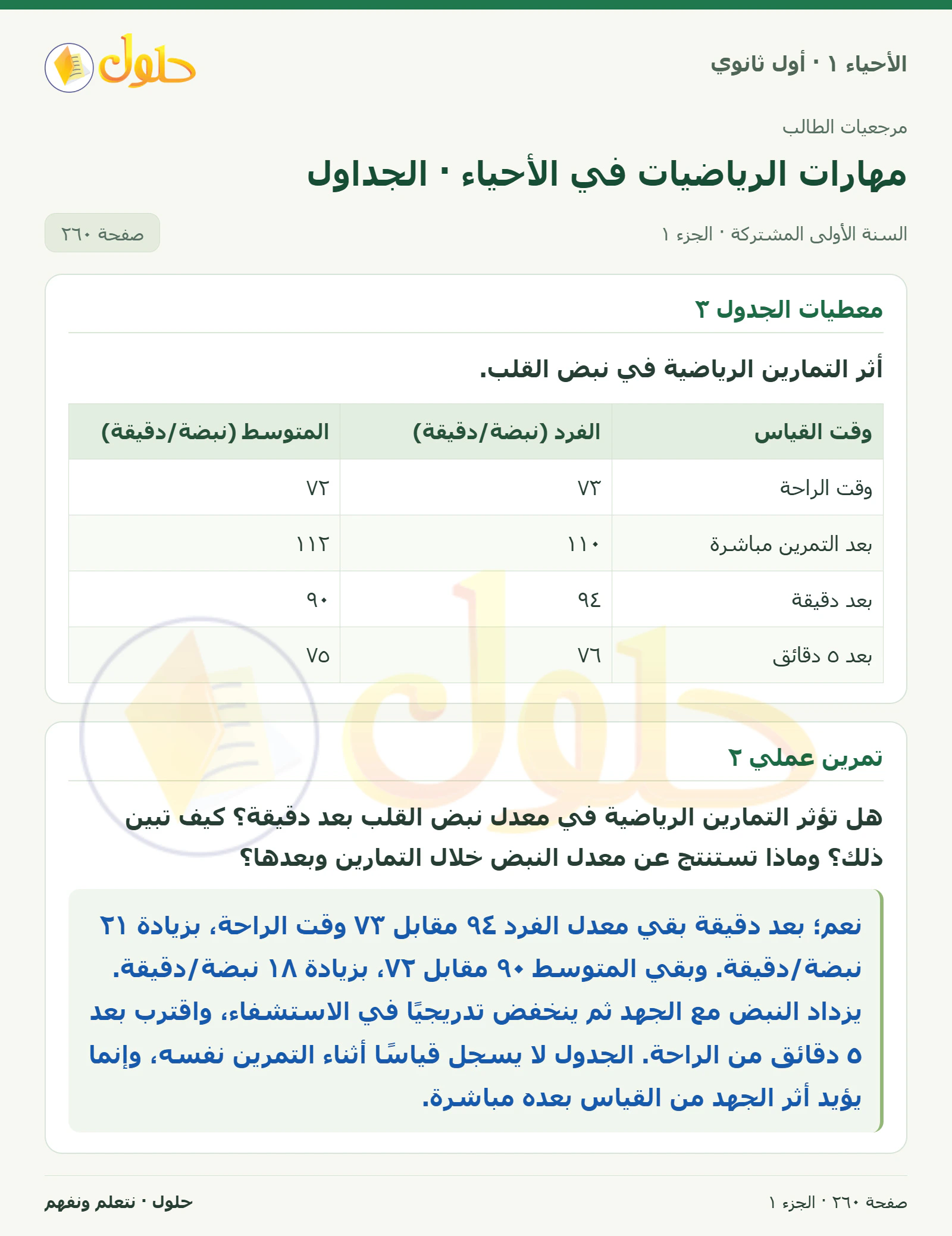 مهارات الرياضيات في الأحياء · الجداول في كتاب الأحياء ١ للصف الأول الثانوي صفحة ٢٦٠