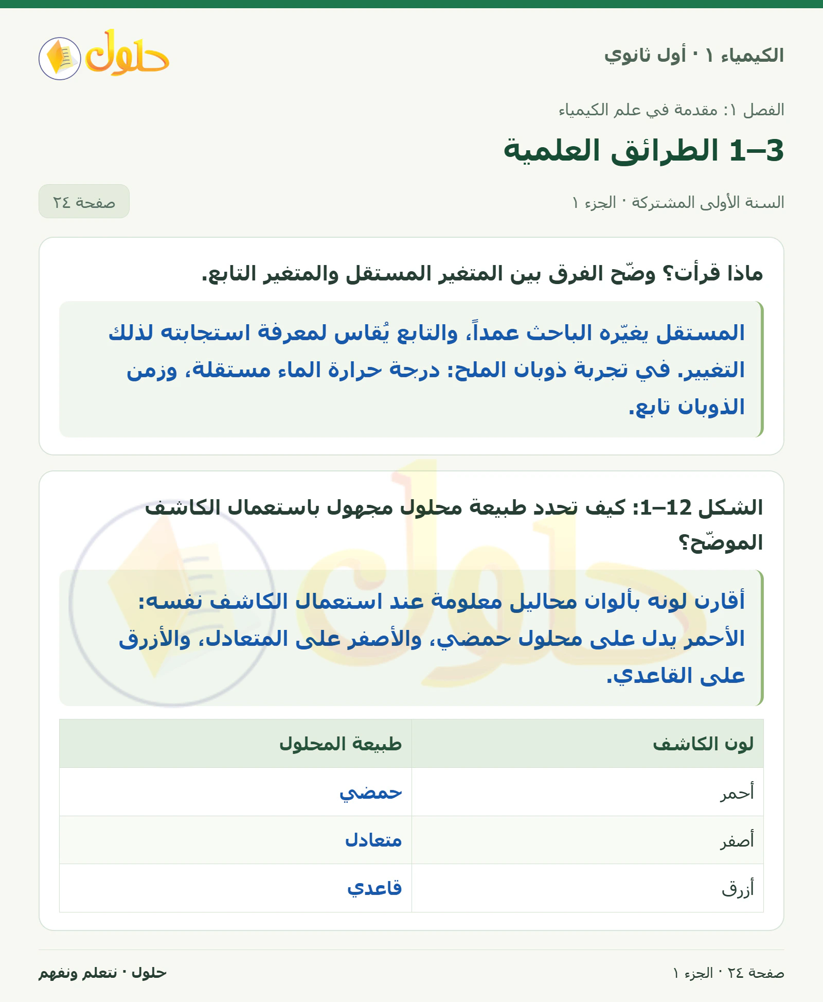 1–3 الطرائق العلمية في كتاب الكيمياء ١ للصف الأول الثانوي صفحة ٢٤