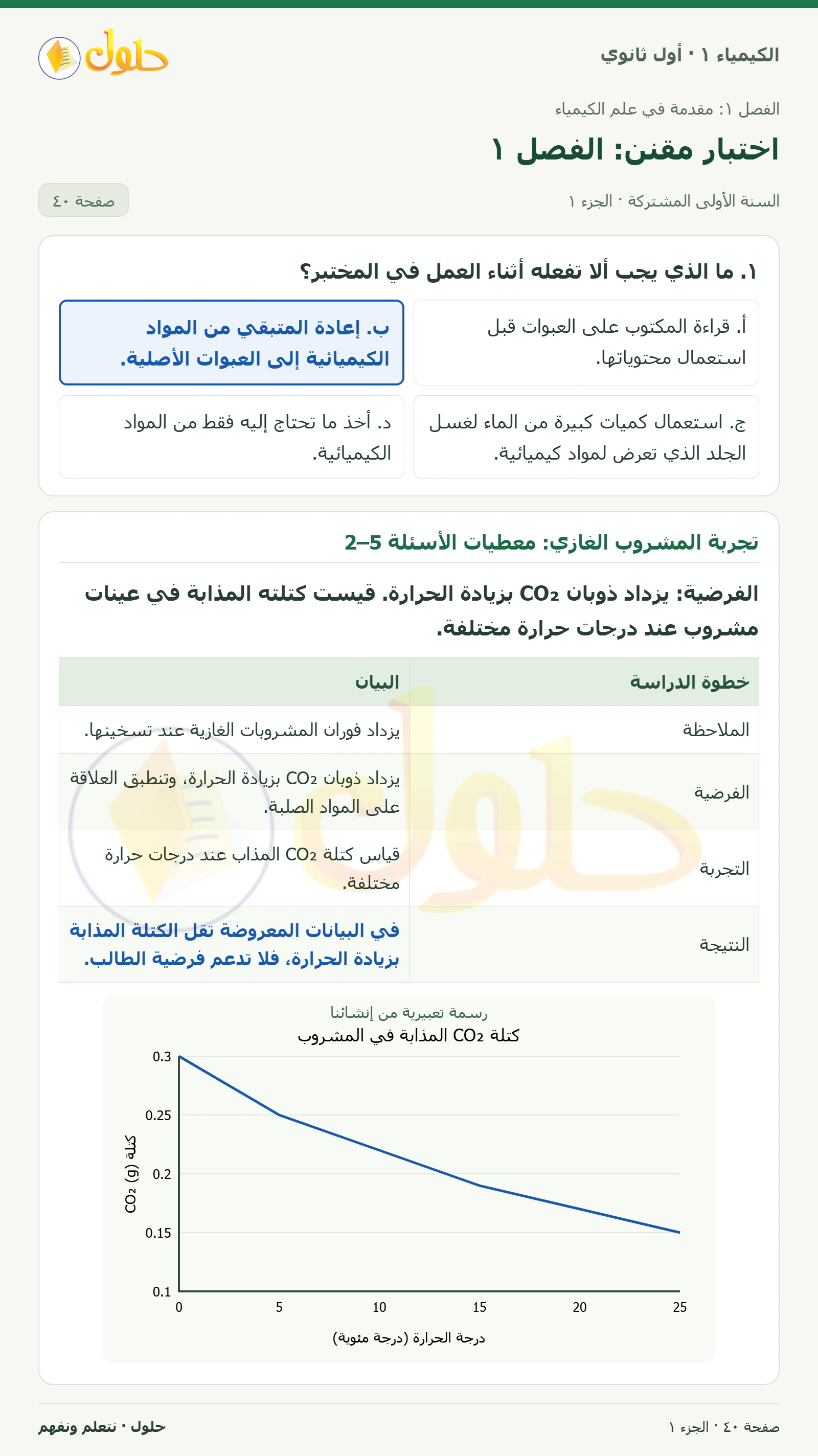 اختبار مقنن: الفصل ١ في كتاب الكيمياء ١ للصف الأول الثانوي صفحة ٤٠، الجزء ١ من ٢