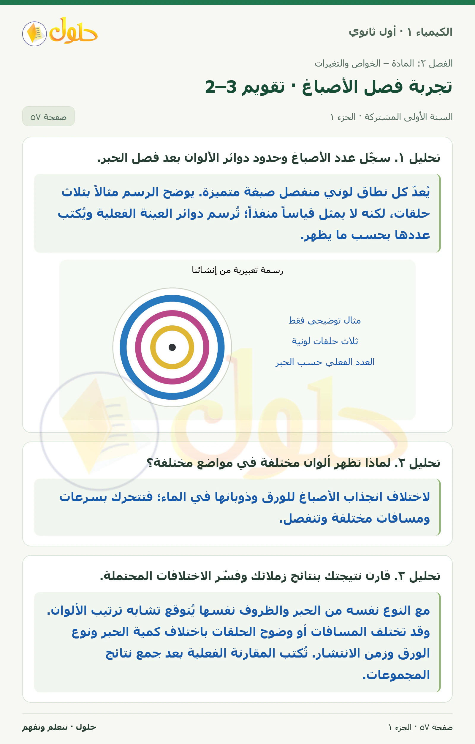 تجربة فصل الأصباغ · تقويم 2–3 في كتاب الكيمياء ١ للصف الأول الثانوي صفحة ٥٧، الجزء ١ من ٣