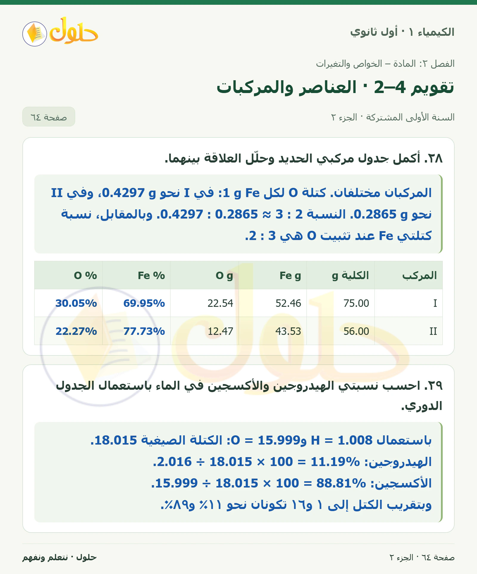 تقويم 2–4 · العناصر والمركبات في كتاب الكيمياء ١ للصف الأول الثانوي صفحة ٦٤، الجزء ٢ من ٣