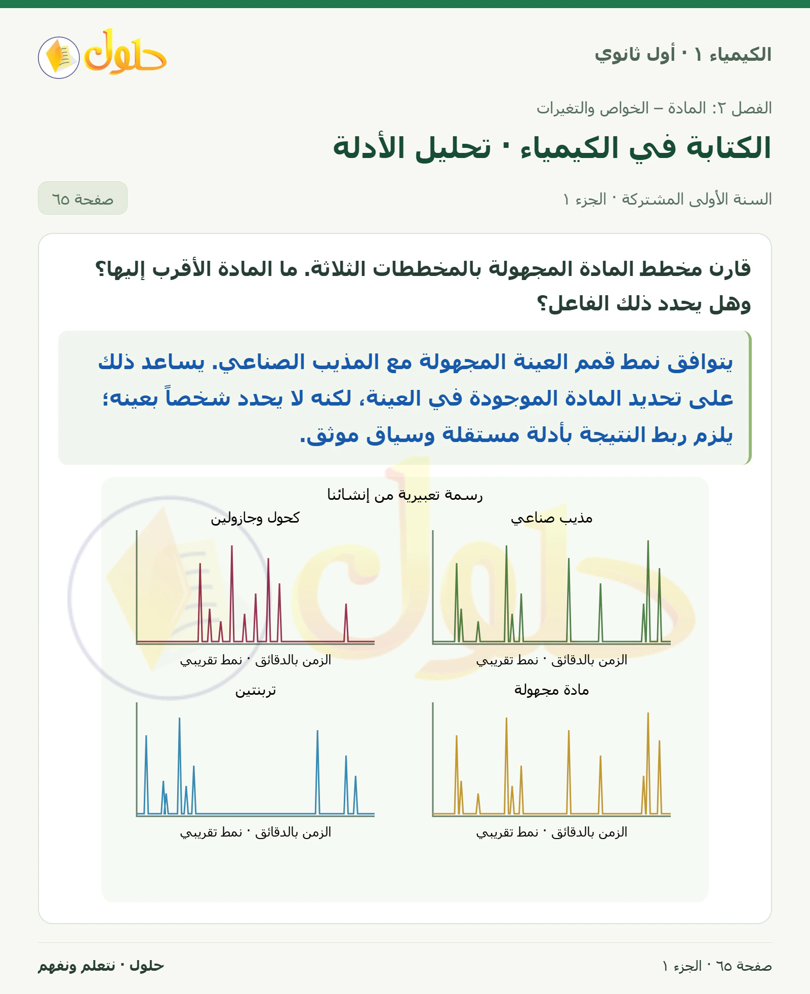 الكتابة في الكيمياء · تحليل الأدلة في كتاب الكيمياء ١ للصف الأول الثانوي صفحة ٦٥