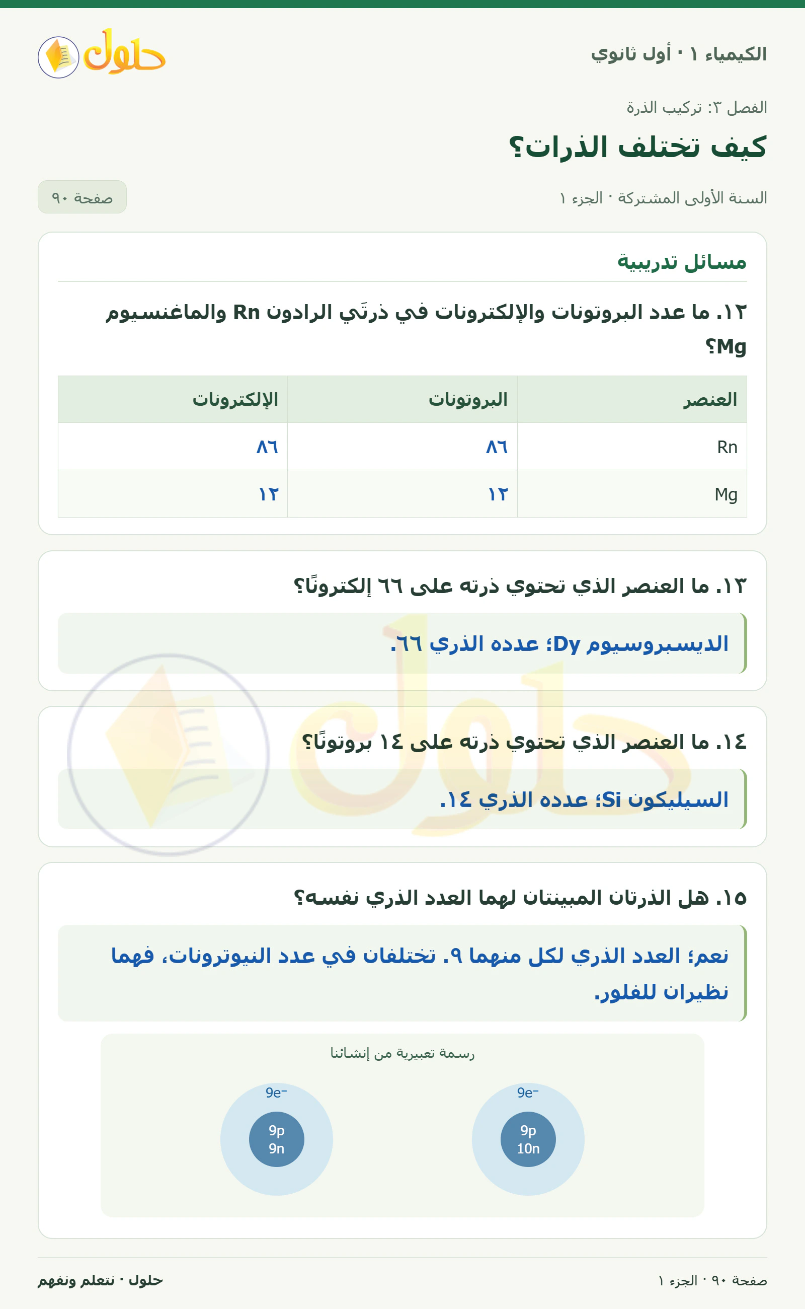 كيف تختلف الذرات؟ في كتاب الكيمياء ١ للصف الأول الثانوي صفحة ٩٠
