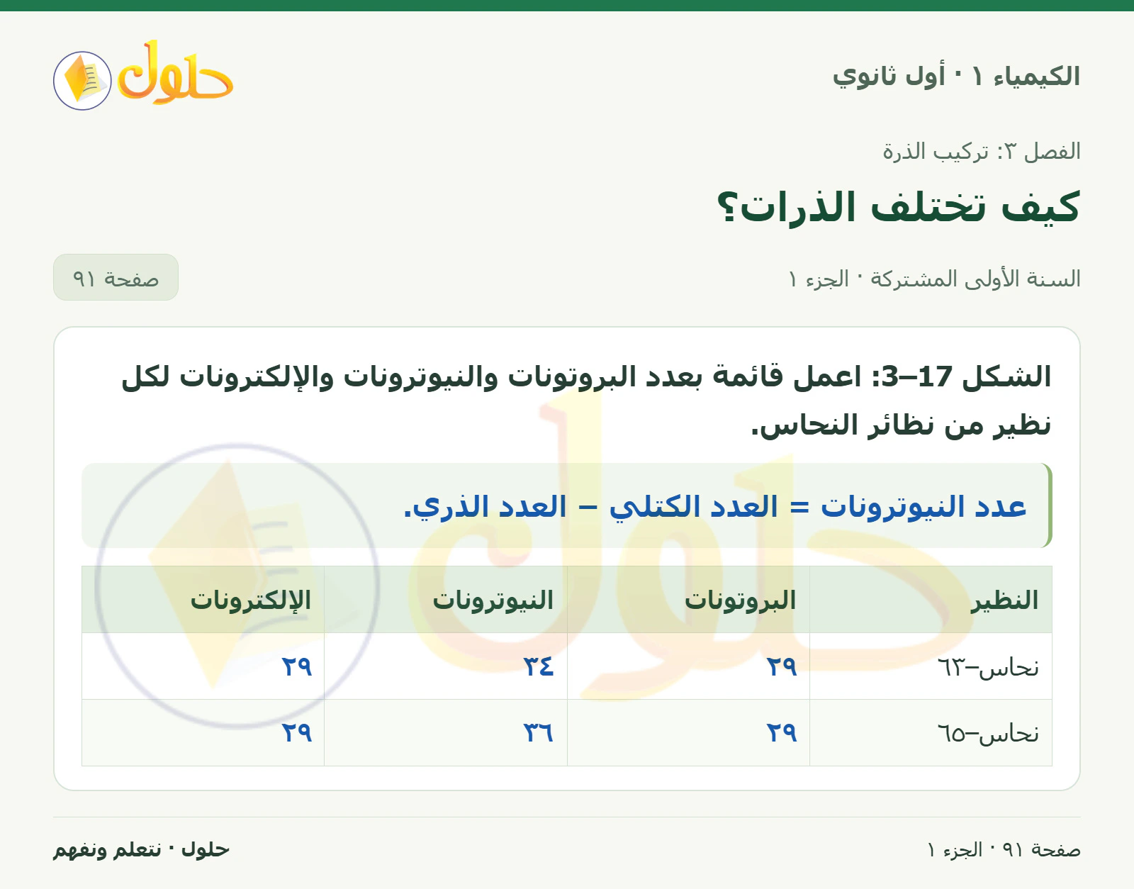 كيف تختلف الذرات؟ في كتاب الكيمياء ١ للصف الأول الثانوي صفحة ٩١