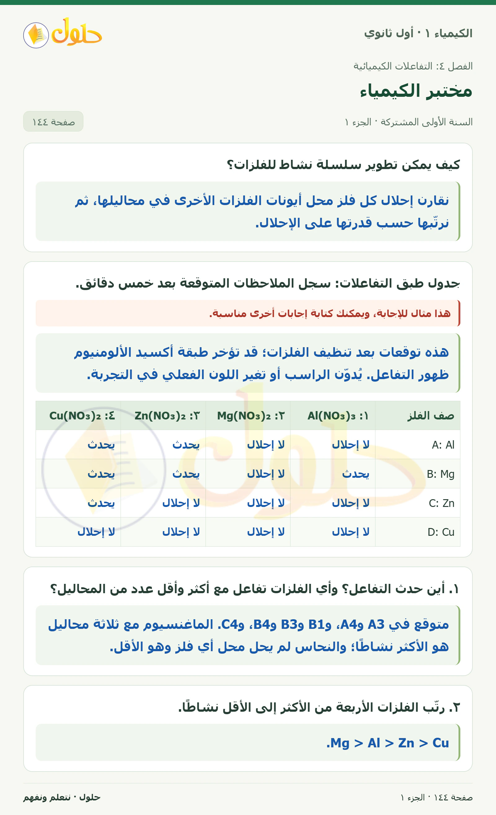 مختبر الكيمياء في كتاب الكيمياء ١ للصف الأول الثانوي صفحة ١٤٤، الجزء ١ من ٣