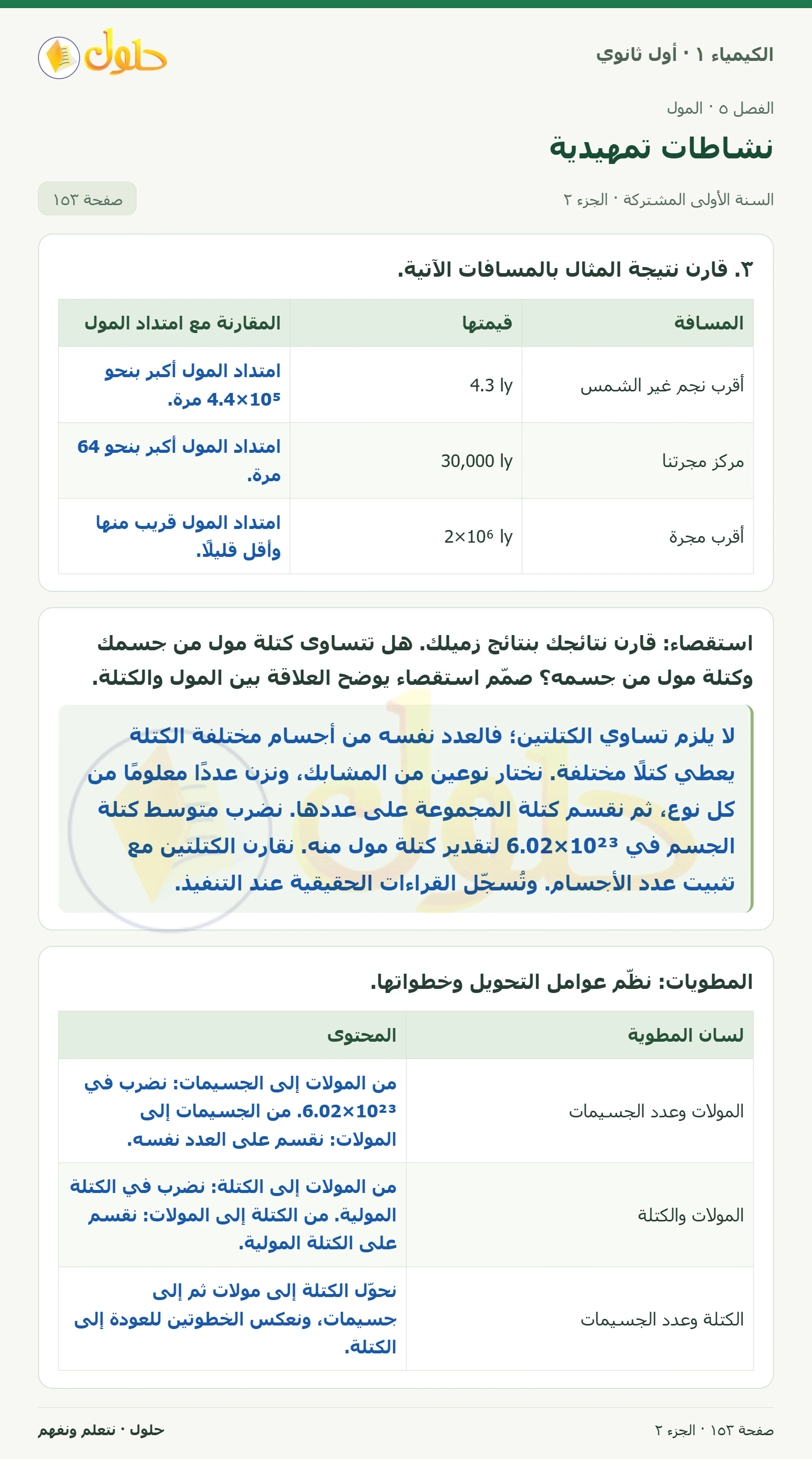 نشاطات تمهيدية في كتاب الكيمياء ١ للصف الأول الثانوي صفحة ١٥٣، الجزء ٢ من ٢