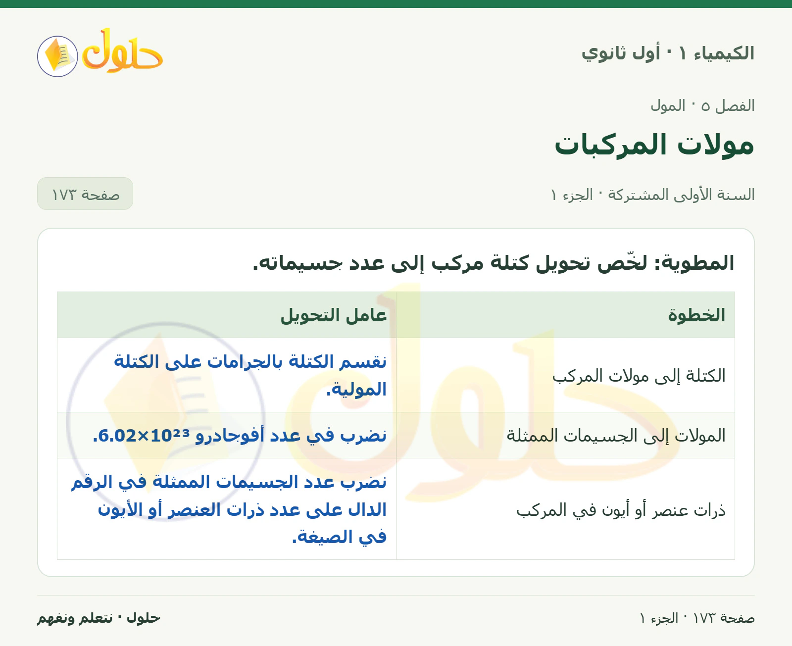 مولات المركبات في كتاب الكيمياء ١ للصف الأول الثانوي صفحة ١٧٣