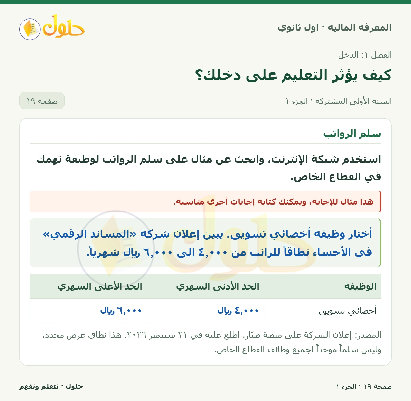البحث عن سلم رواتب في القطاع الخاص في كتاب المعرفة المالية للصف الأول الثانوي صفحة ١٩