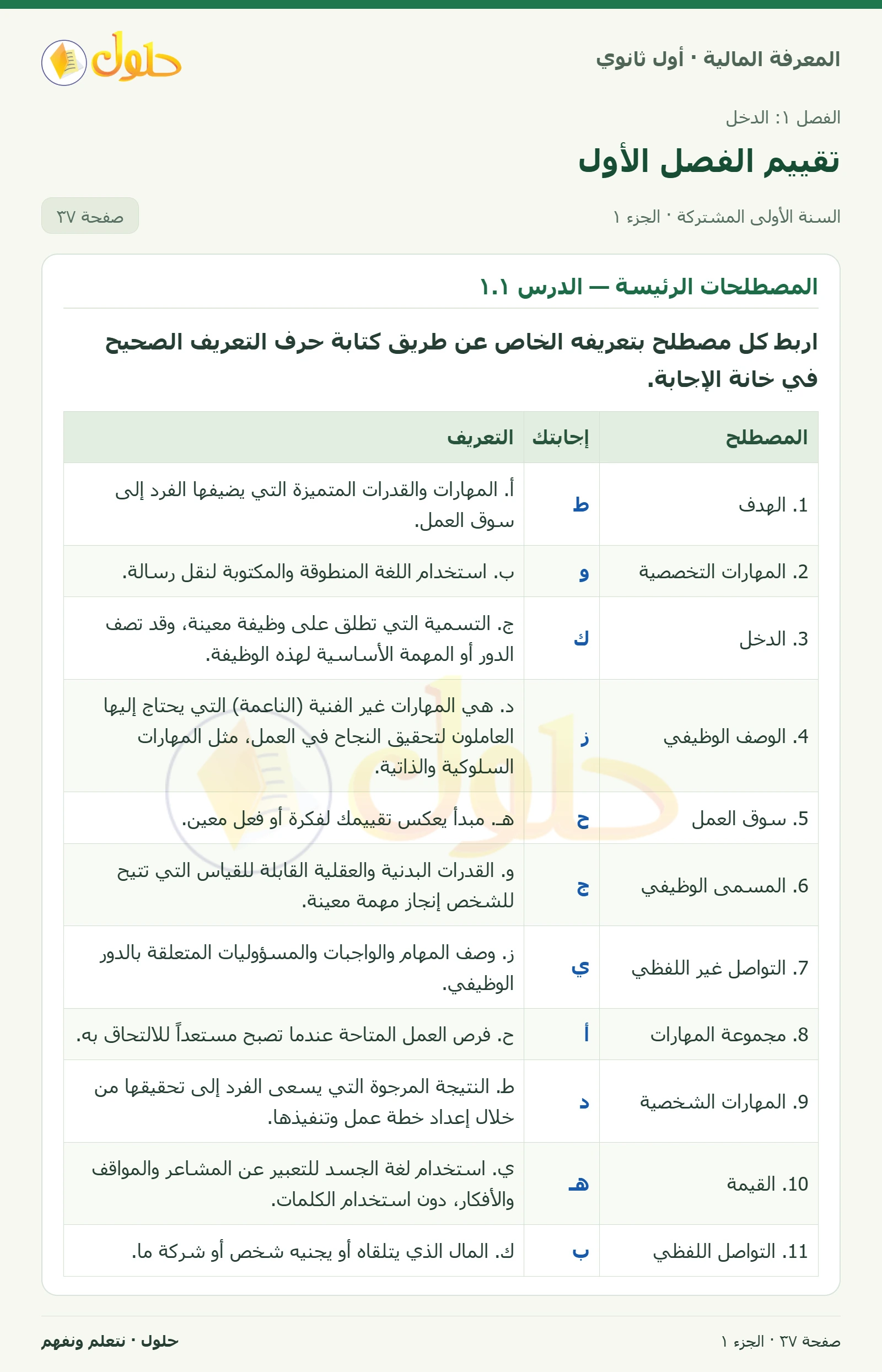 المصطلحات الرئيسة: سوق العمل والتعليم في كتاب المعرفة المالية للصف الأول الثانوي صفحة ٣٧، الجزء ١ من ٢