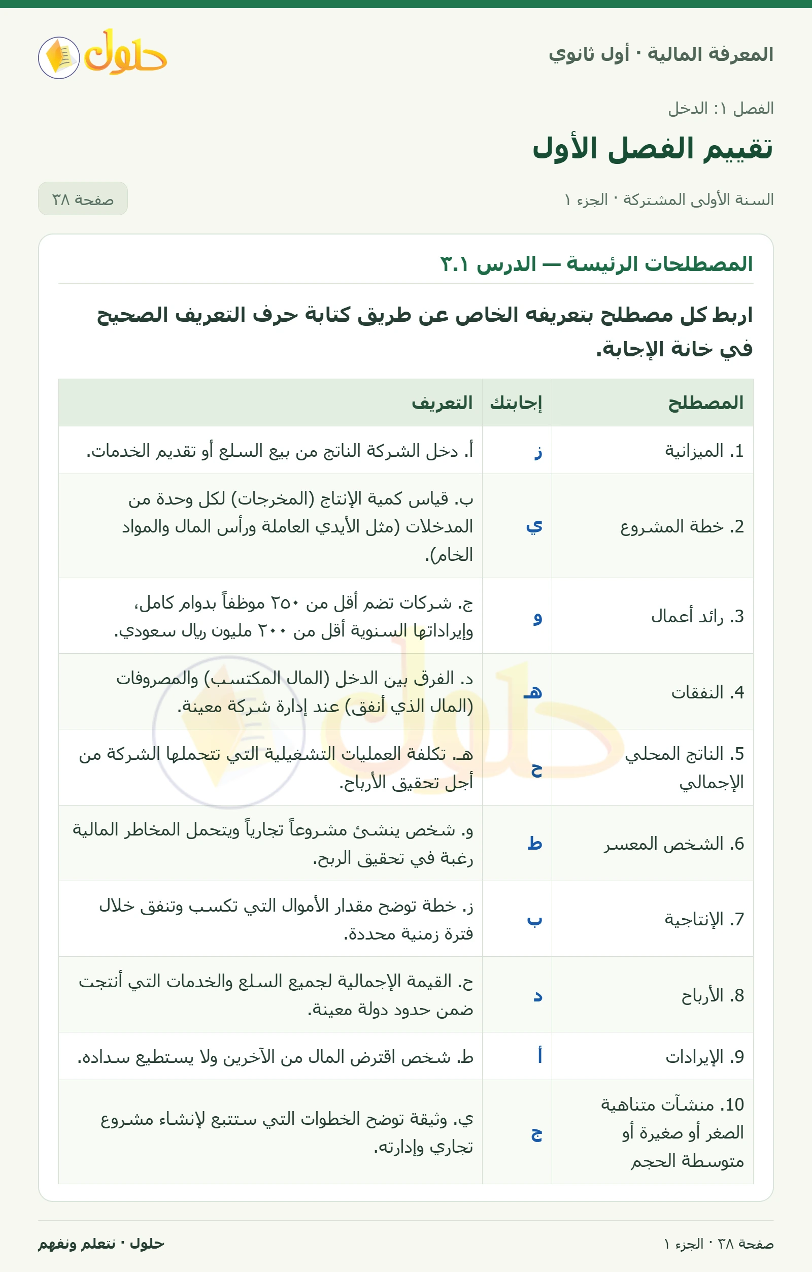 المصطلحات الرئيسة: العمل الحر والدخل المكتسب في كتاب المعرفة المالية للصف الأول الثانوي صفحة ٣٨، الجزء ١ من ٢