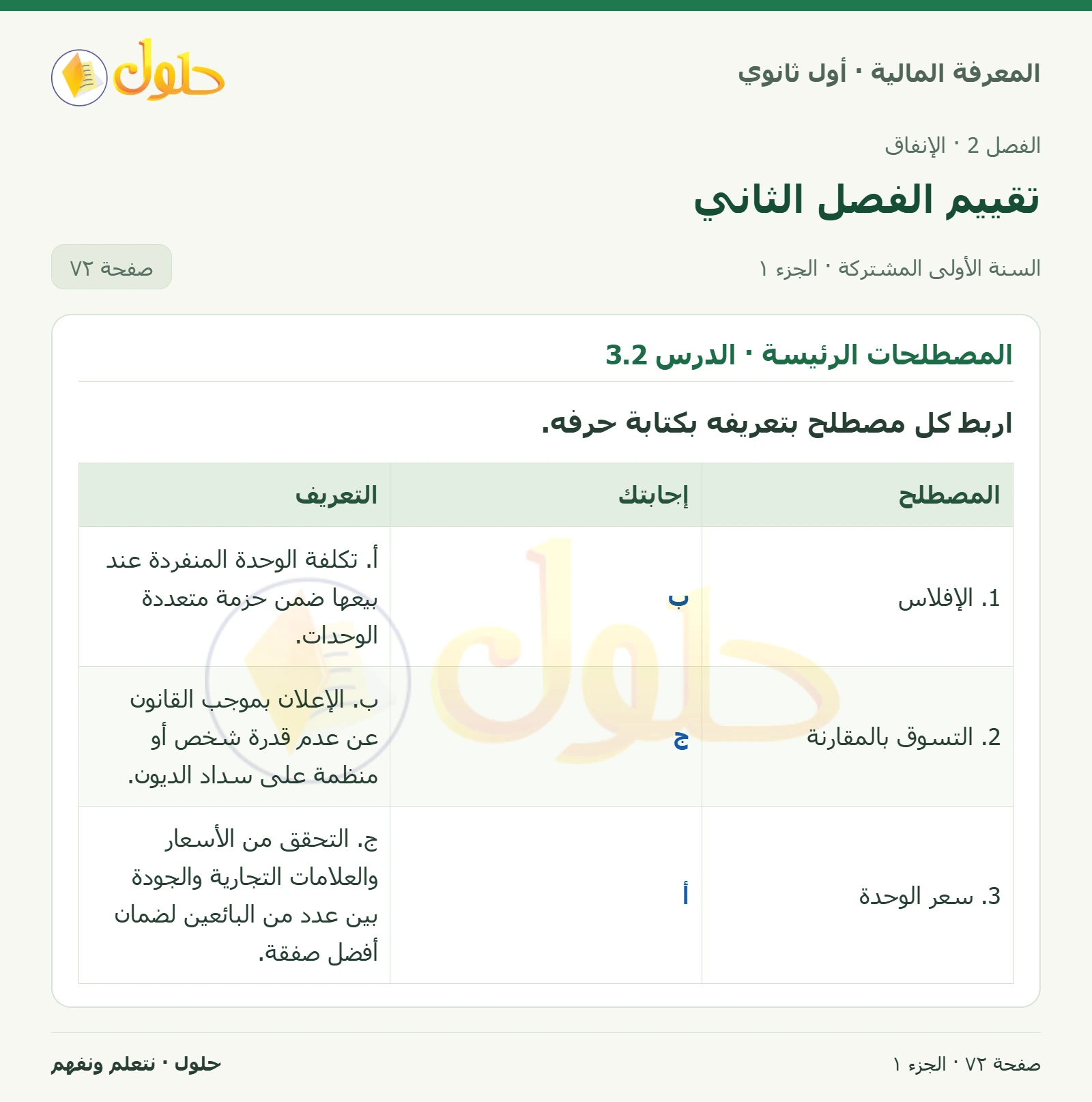 المصطلحات الرئيسة · الدرس 3.2 · المصطلحات الرئيسة · الدرس 4.2 في كتاب المعرفة المالية للصف الأول الثانوي صفحة ٧٢، الجزء ١ من ٢