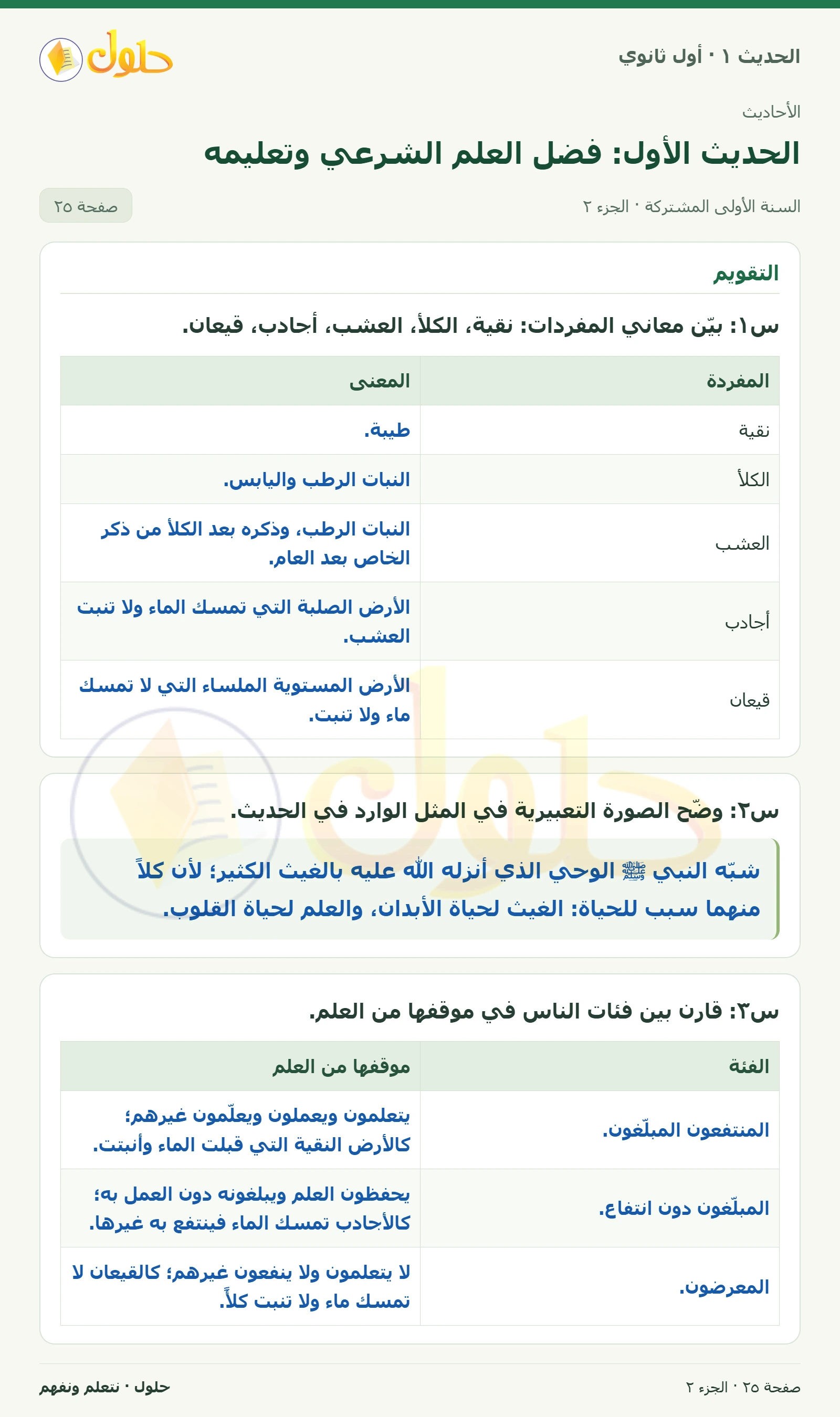 نشاط وتقويم في الحديث ١ للصف الأول الثانوي صفحة ٢٥، الجزء ٢