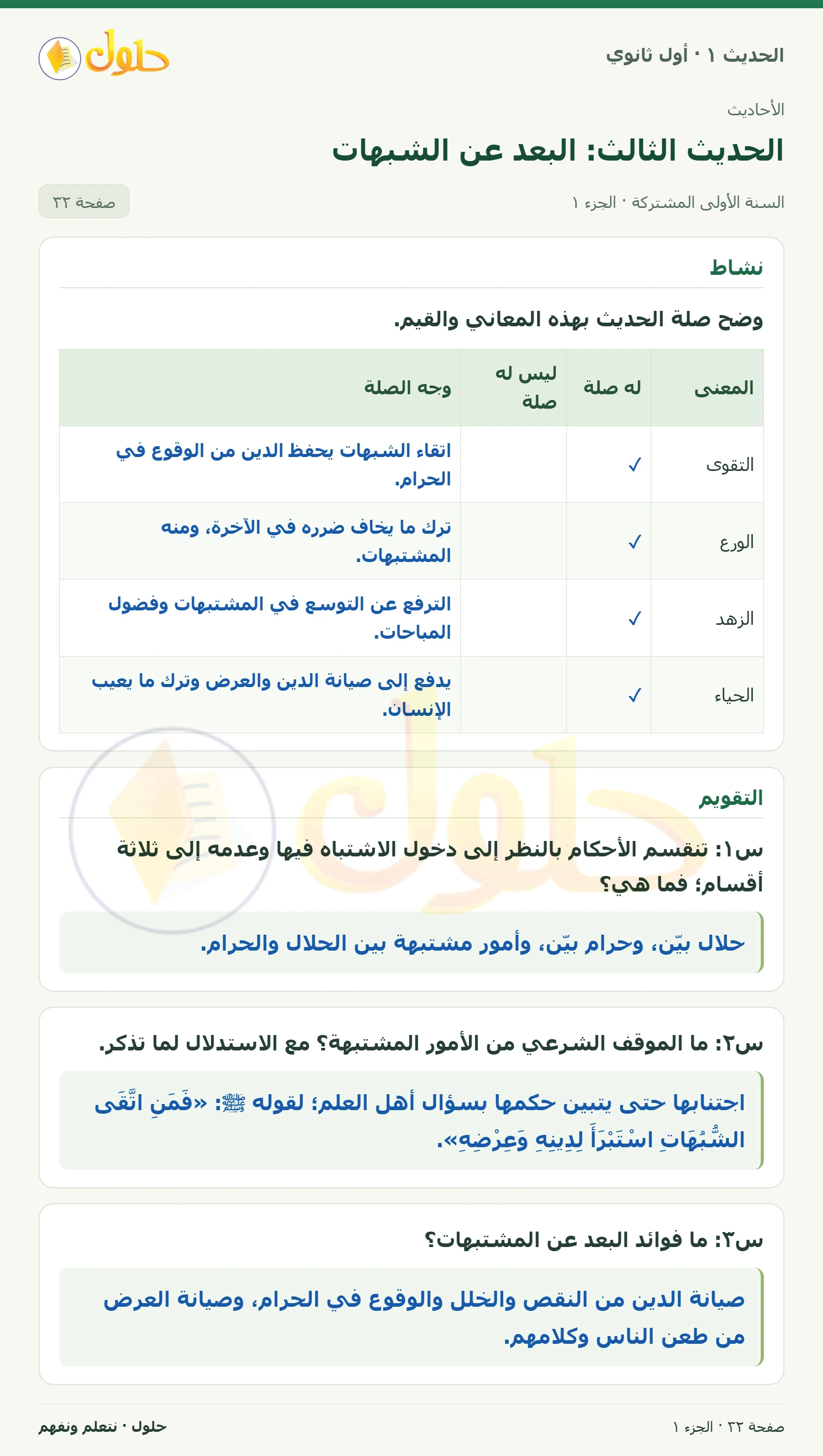 نشاط وتقويم في الحديث ١ للصف الأول الثانوي صفحة ٣٢