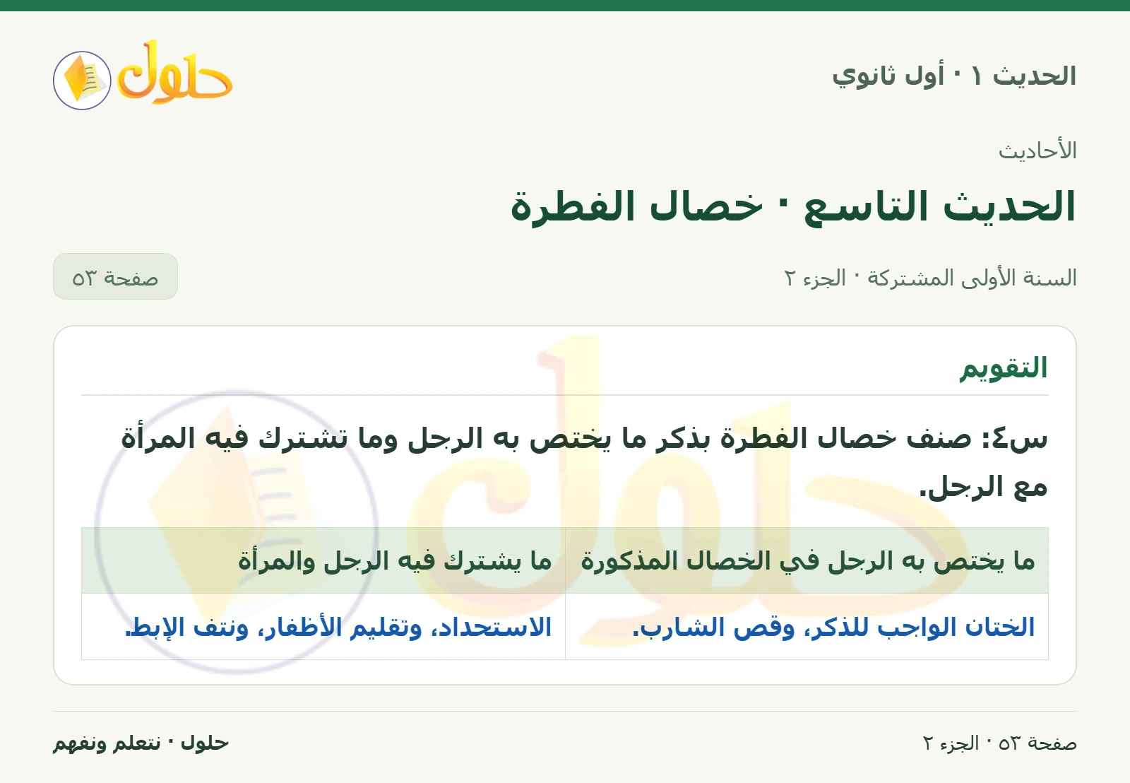 نشاط وتقويم في الحديث ١ للصف الأول الثانوي صفحة ٥٣، الجزء ٢
