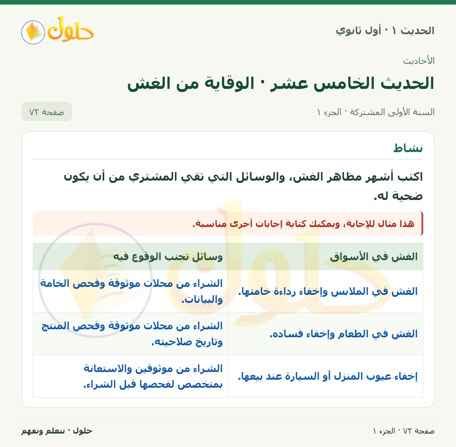 نشاط في الحديث ١ للصف الأول الثانوي صفحة ٧٢