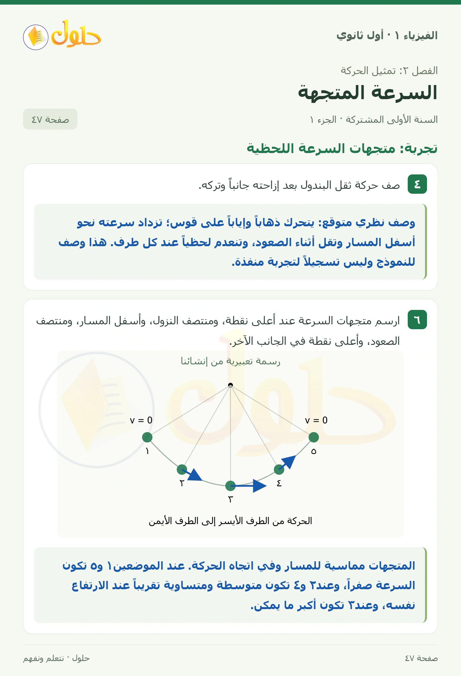 تجربة: متجهات السرعة اللحظية في كتاب الفيزياء ١ للصف الأول الثانوي صفحة ٤٧ الجزء ١