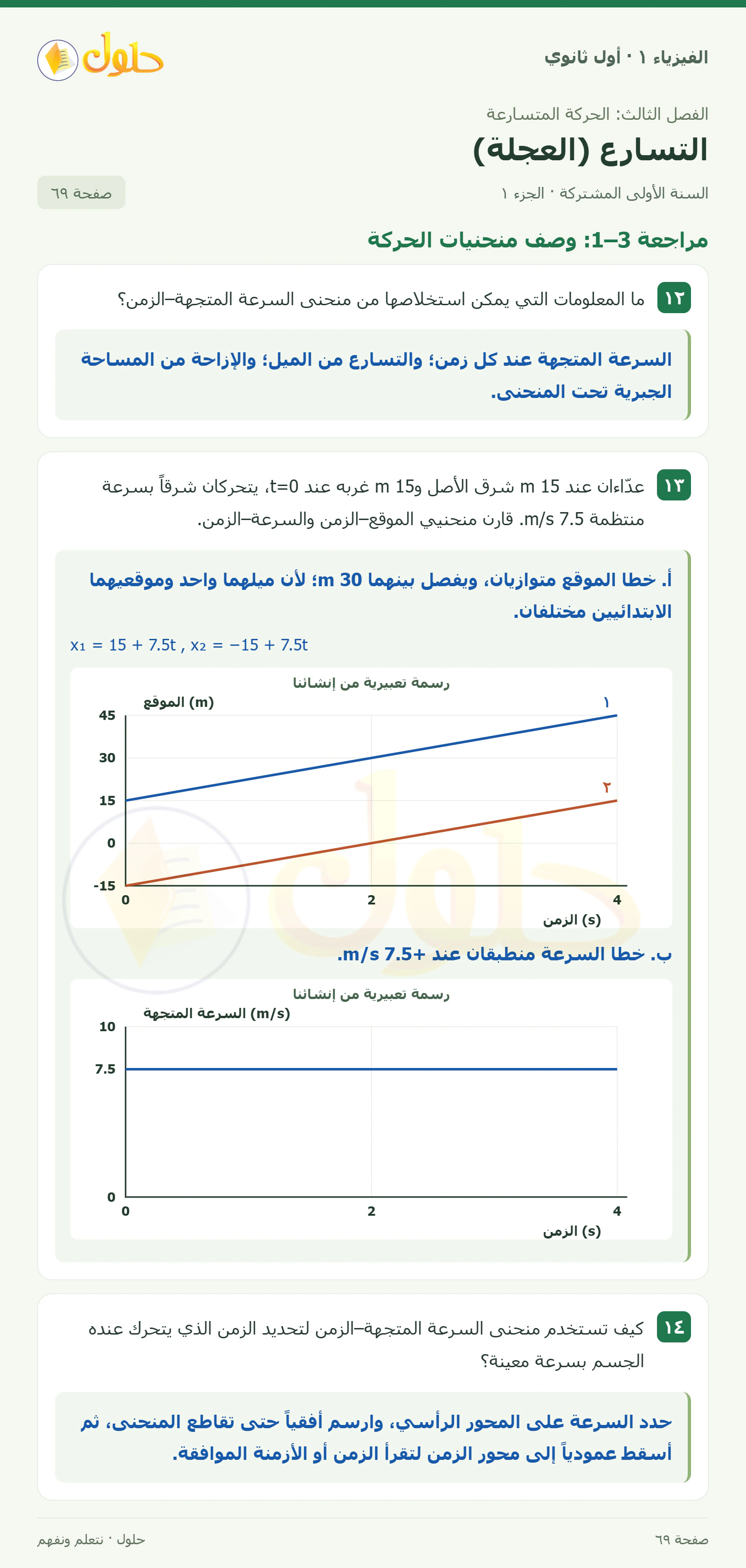 أنشطة التسارع (العجلة) في كتاب الفيزياء ١ للصف الأول الثانوي صفحة ٦٩ الجزء ١