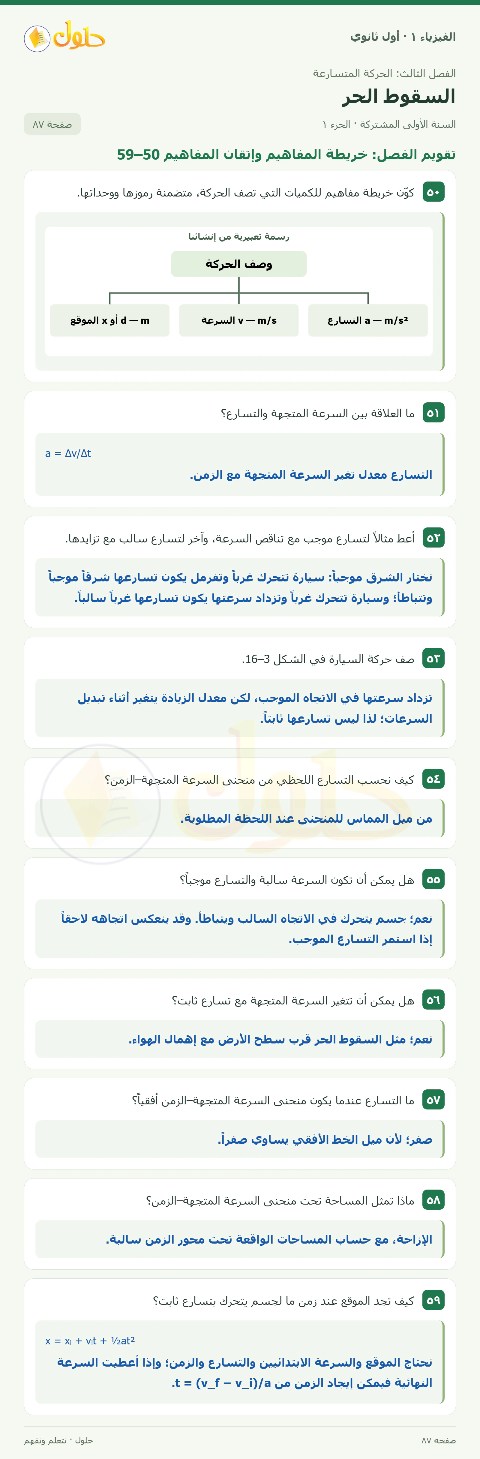 أنشطة السقوط الحر في كتاب الفيزياء ١ للصف الأول الثانوي صفحة ٨٧ الجزء ١