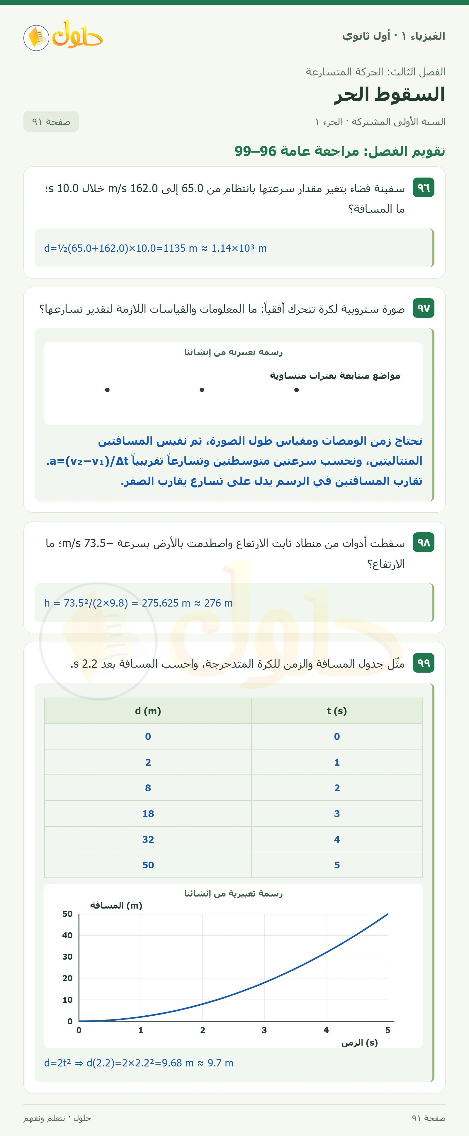 أنشطة السقوط الحر في كتاب الفيزياء ١ للصف الأول الثانوي صفحة ٩١ الجزء ١