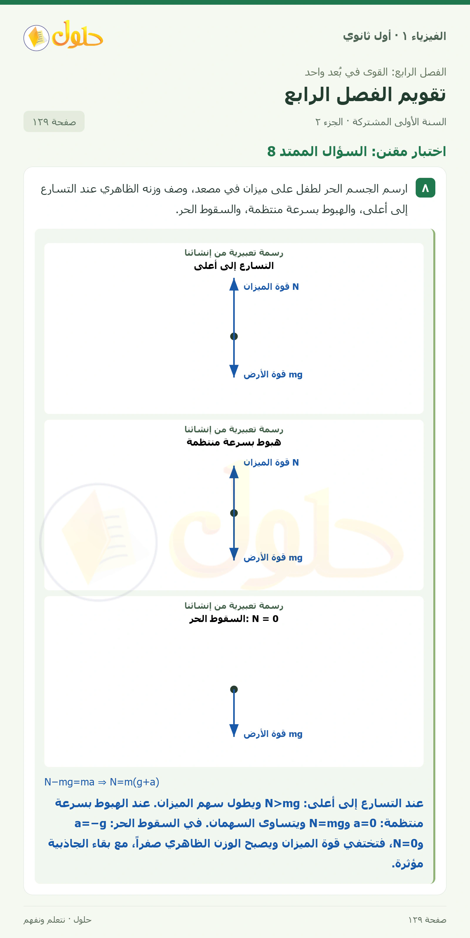 أنشطة تقويم الفصل الرابع في كتاب الفيزياء ١ للصف الأول الثانوي صفحة ١٢٩ الجزء ٢