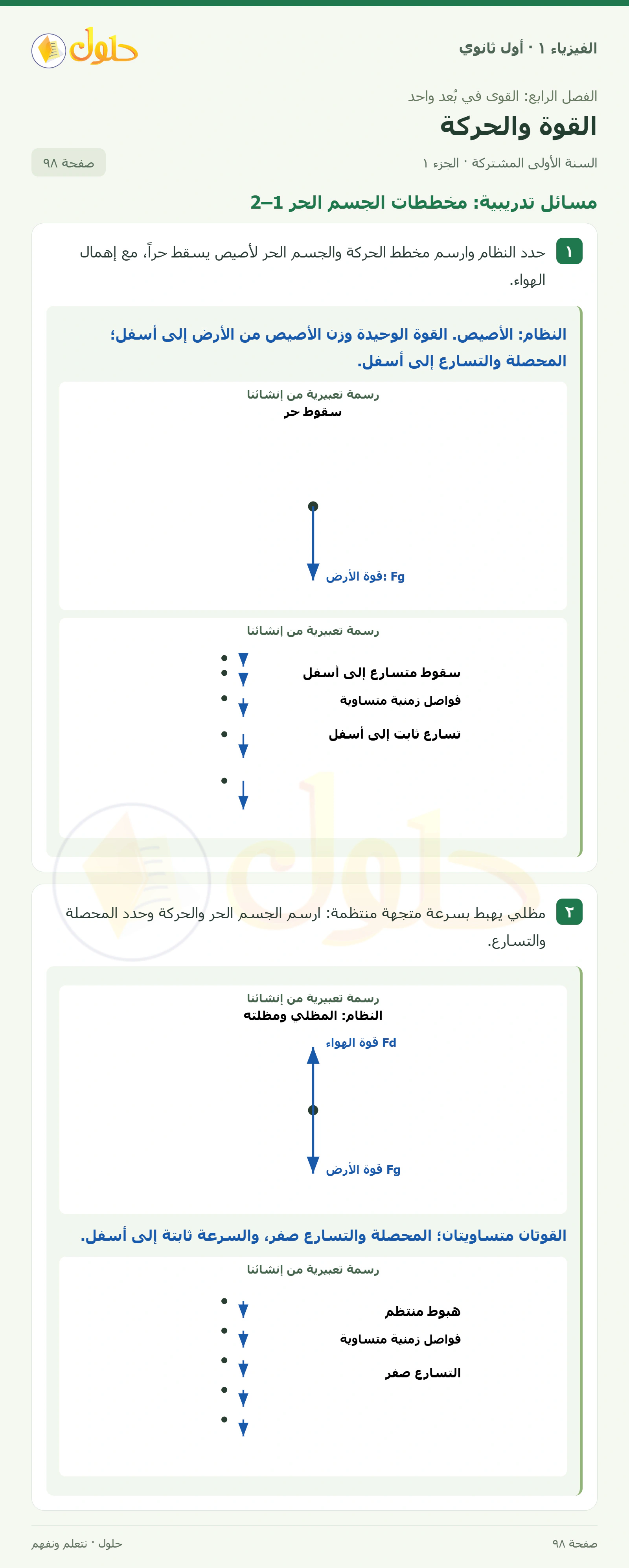 أنشطة القوة والحركة في كتاب الفيزياء ١ للصف الأول الثانوي صفحة ٩٨ الجزء ١