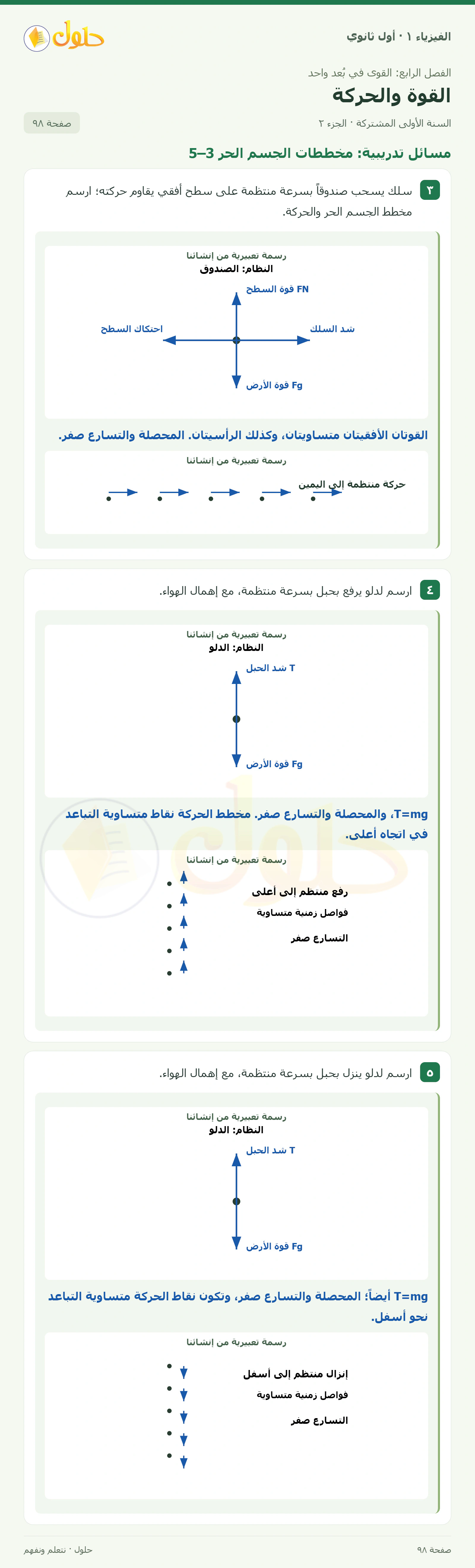 أنشطة القوة والحركة في كتاب الفيزياء ١ للصف الأول الثانوي صفحة ٩٨ الجزء ٢